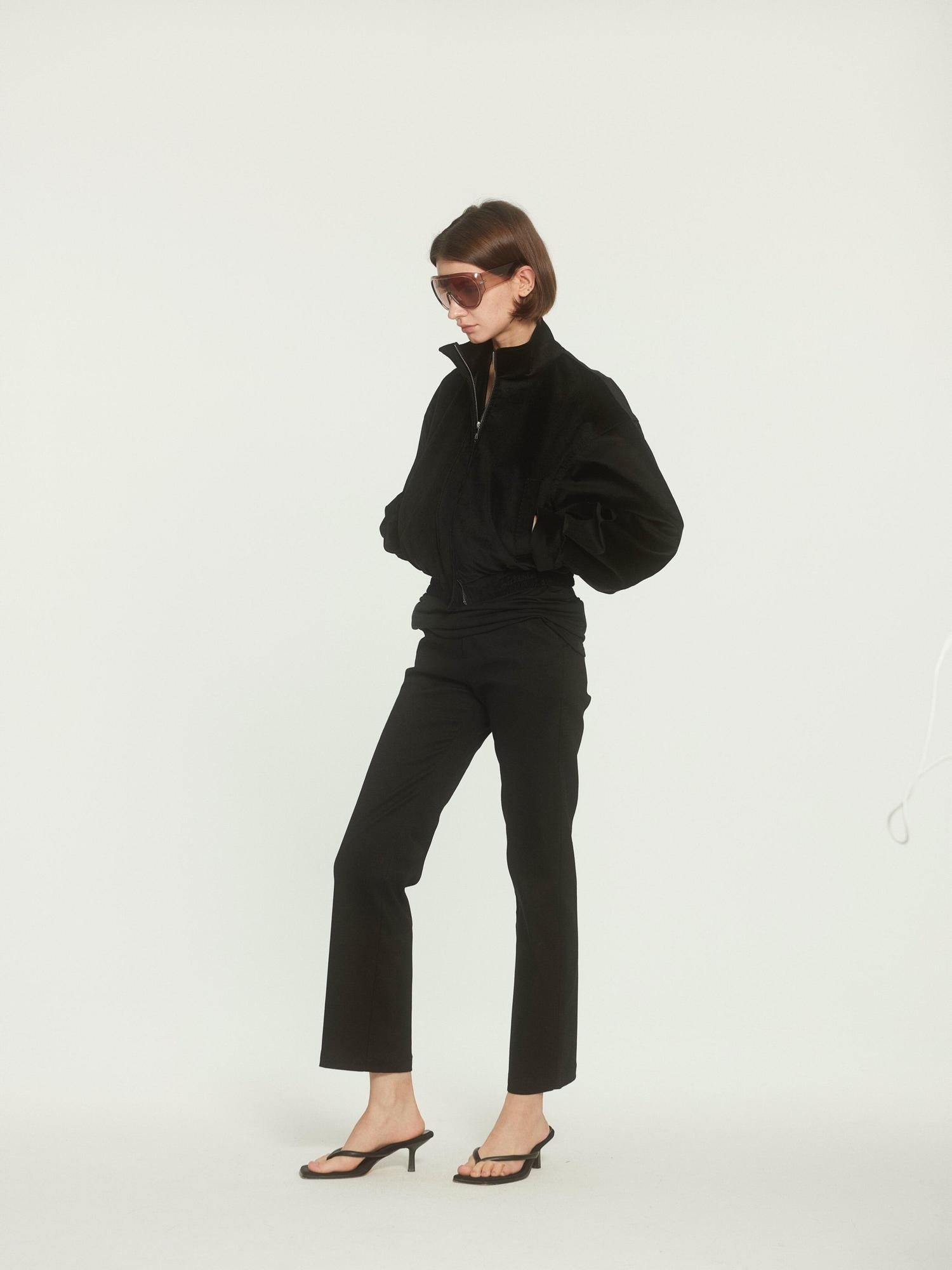 BUZHOU High Waist Stretch Cotton Workwear Zipper Fly Black Ankle Straight Pants