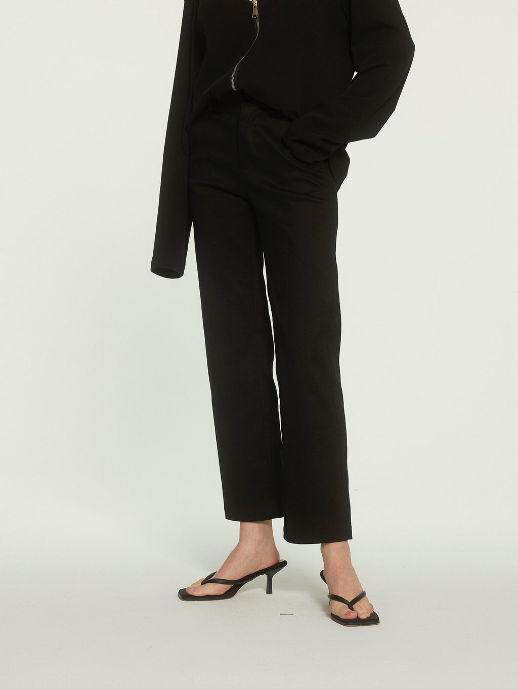 BUZHOU High Waist Stretch Cotton Workwear Zipper Fly Black Ankle Straight Pants