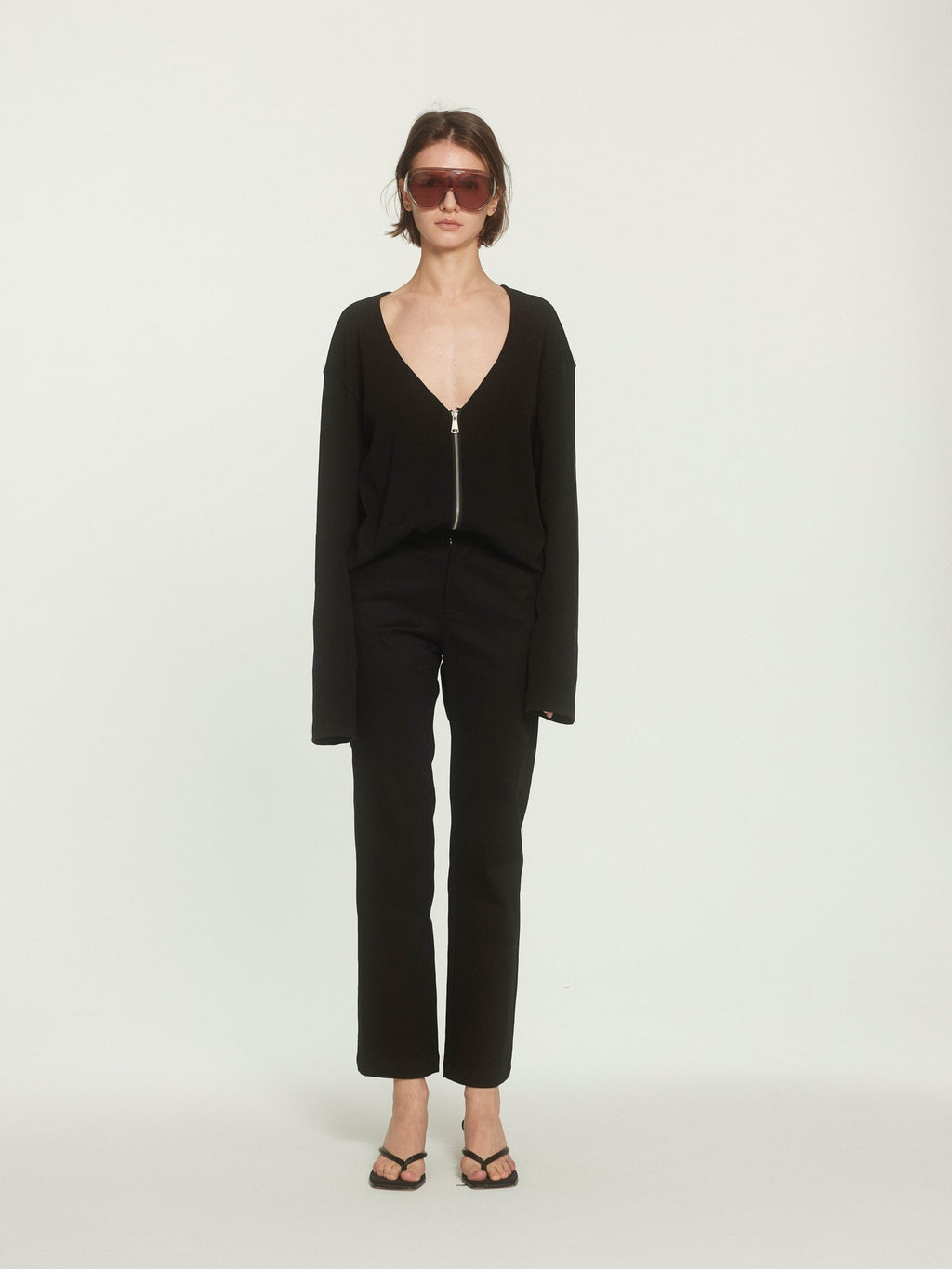 BUZHOU High Waist Stretch Cotton Workwear Zipper Fly Black Ankle Straight Pants