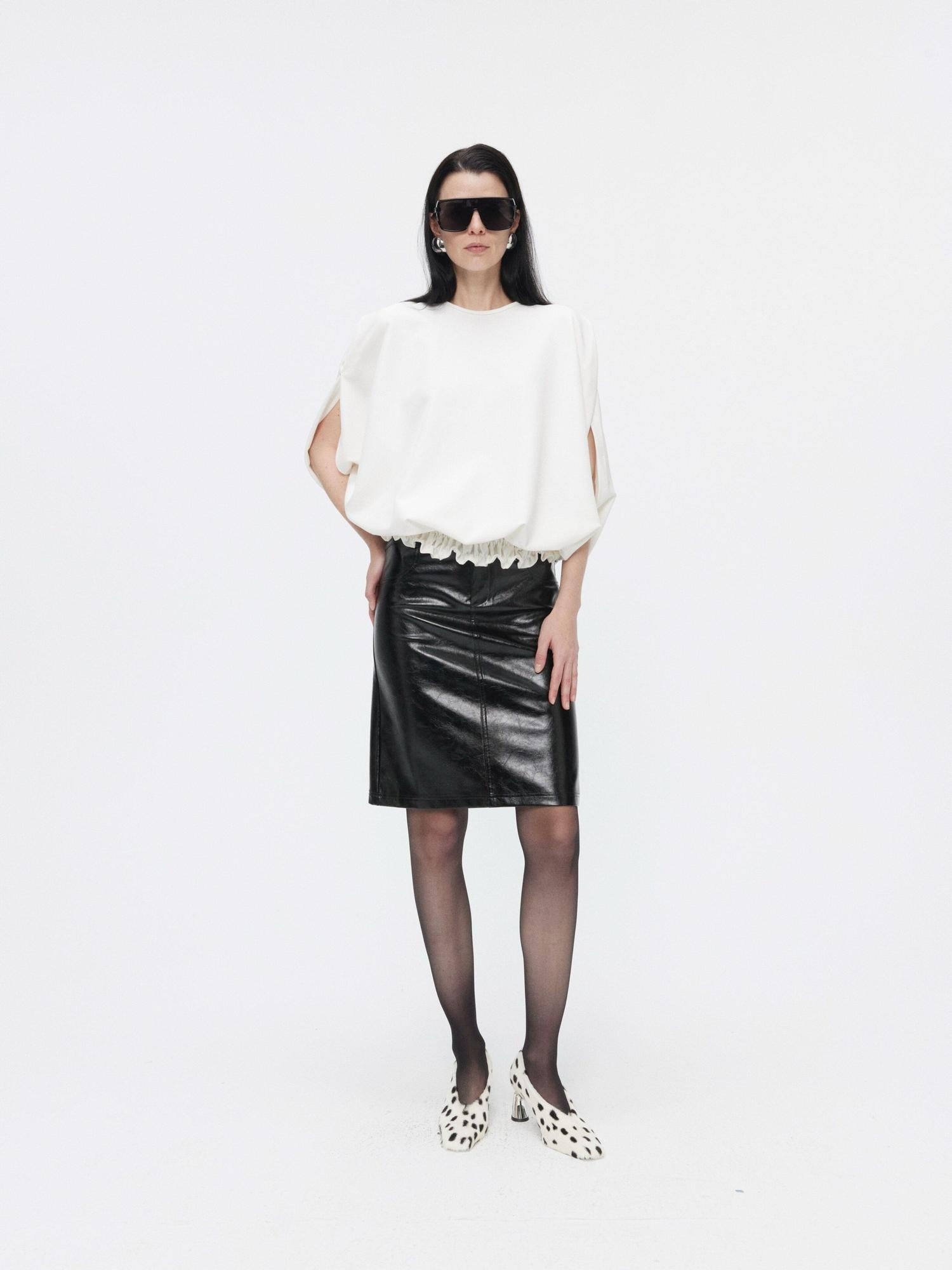 BUZHOU High Waist Two Piece Pu Leather Pencil Solid Bodycon Women Midi Skirts