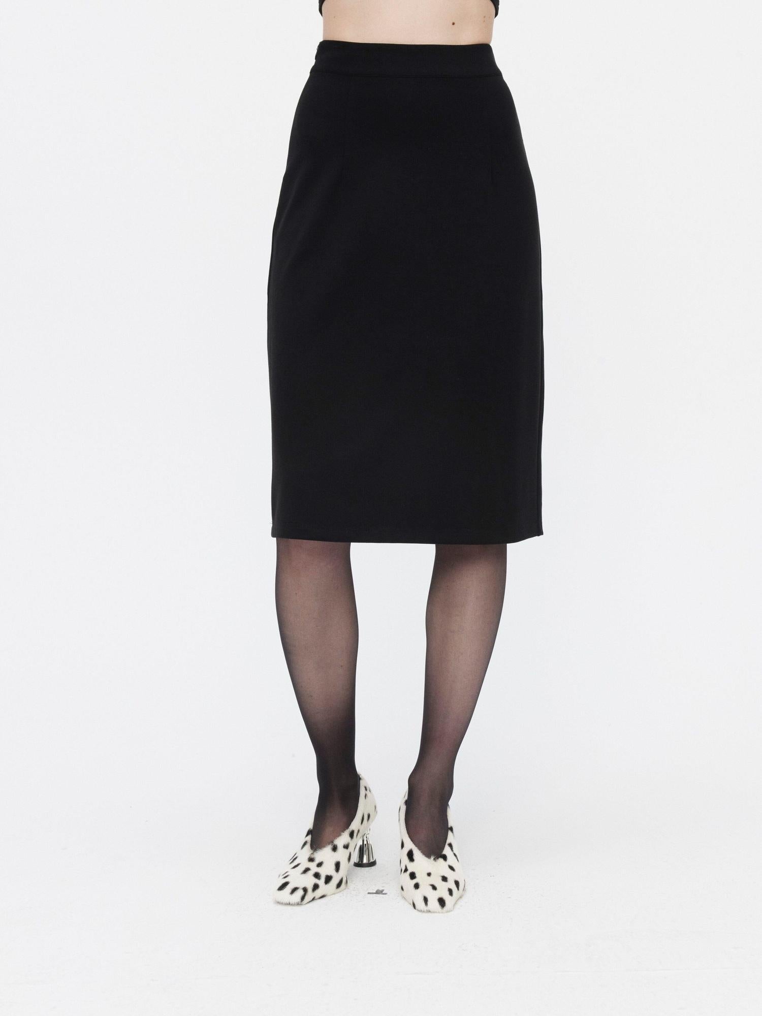 BUZHOU High Waist Zipper Detail Straight Knit Slim Women Black Cotton Blend Midi Skirts