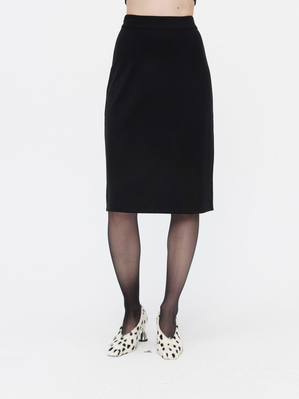 BUZHOU High Waist Zipper Detail Straight Knit Slim Women Black Cotton Blend Midi Skirts