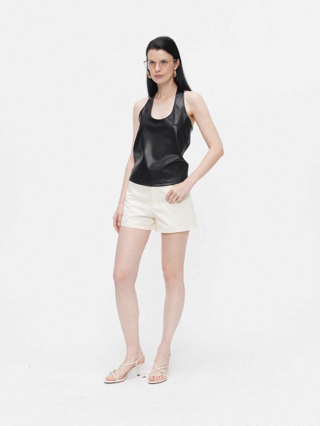 BUZHOU Minimalist Faux Leather Cropped Halter Neck Loose Fit Casual Womens Tank Tops