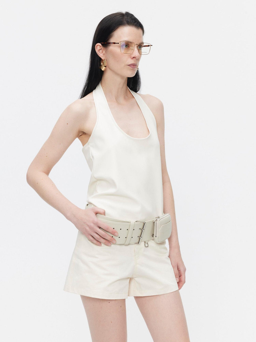 BUZHOU Minimalist Faux Leather Cropped Halter Neck Loose Fit Casual Womens Tank Tops