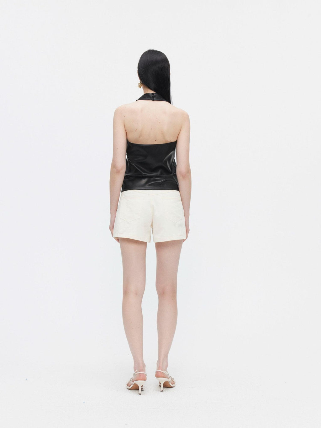 BUZHOU Minimalist Faux Leather Cropped Halter Neck Loose Fit Casual Womens Tank Tops