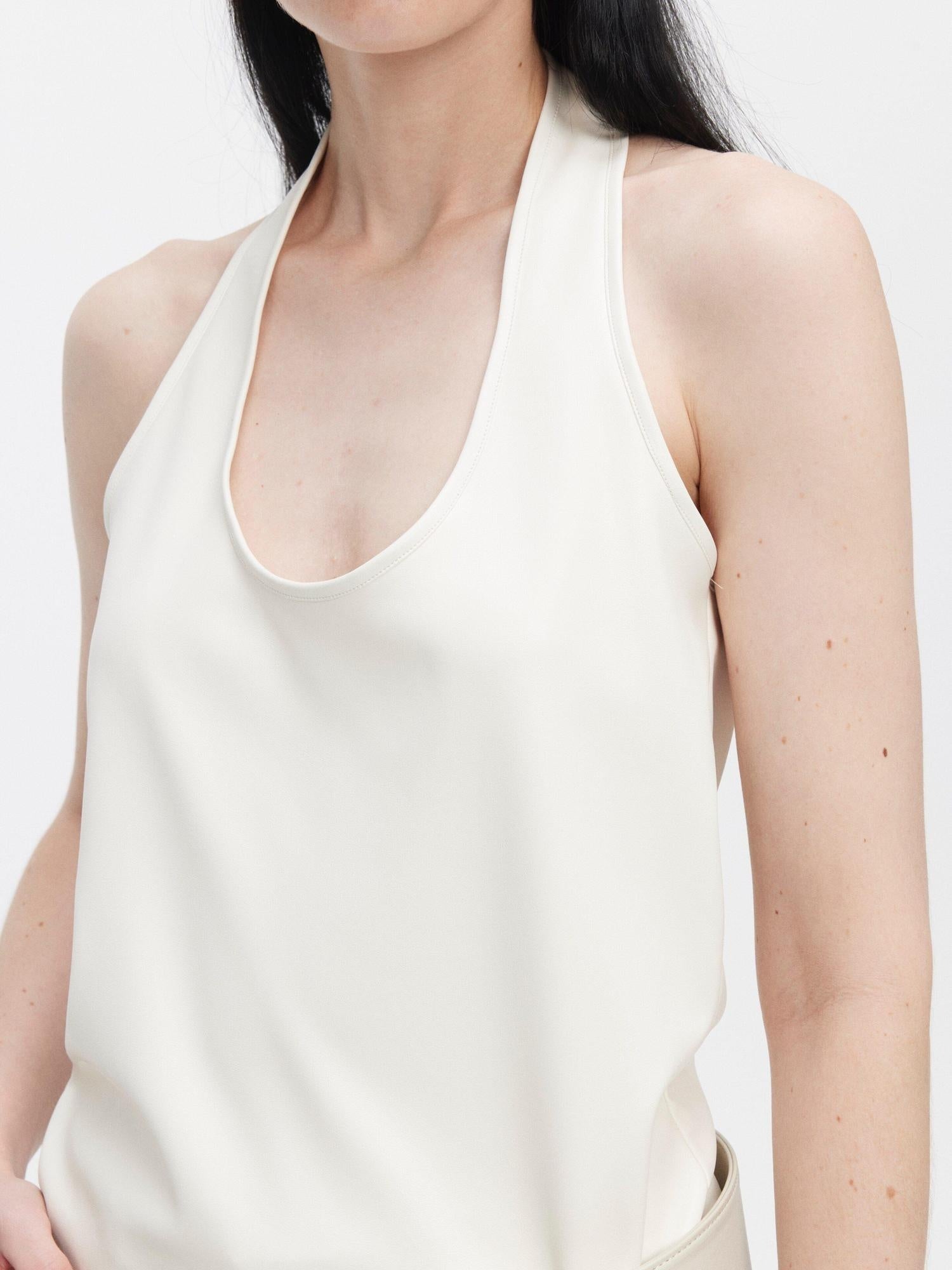 BUZHOU Minimalist Faux Leather Cropped Halter Neck Loose Fit Casual Womens Tank Tops