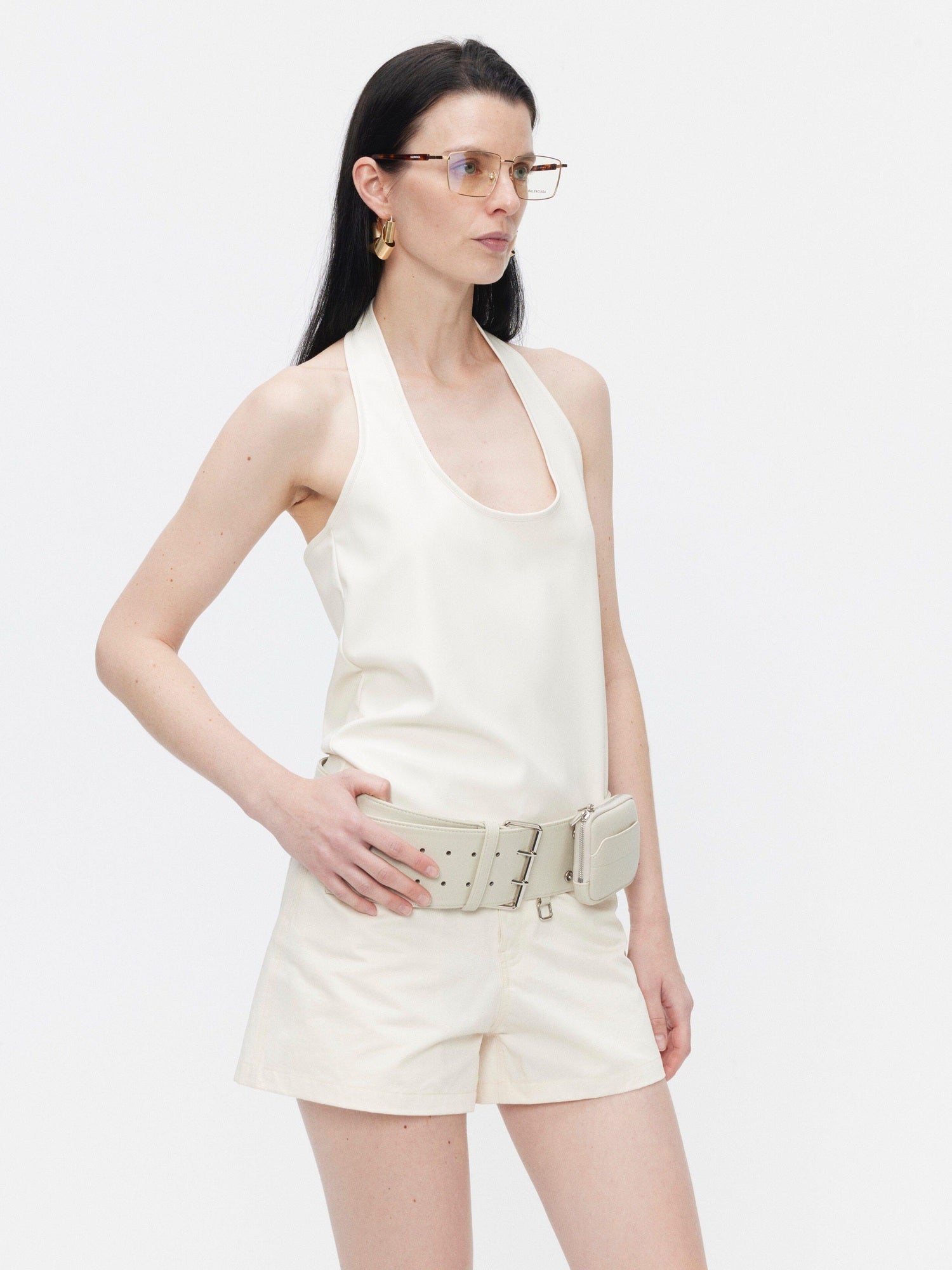BUZHOU Minimalist Faux Leather Cropped Halter Neck Loose Fit Casual Womens Tank Tops