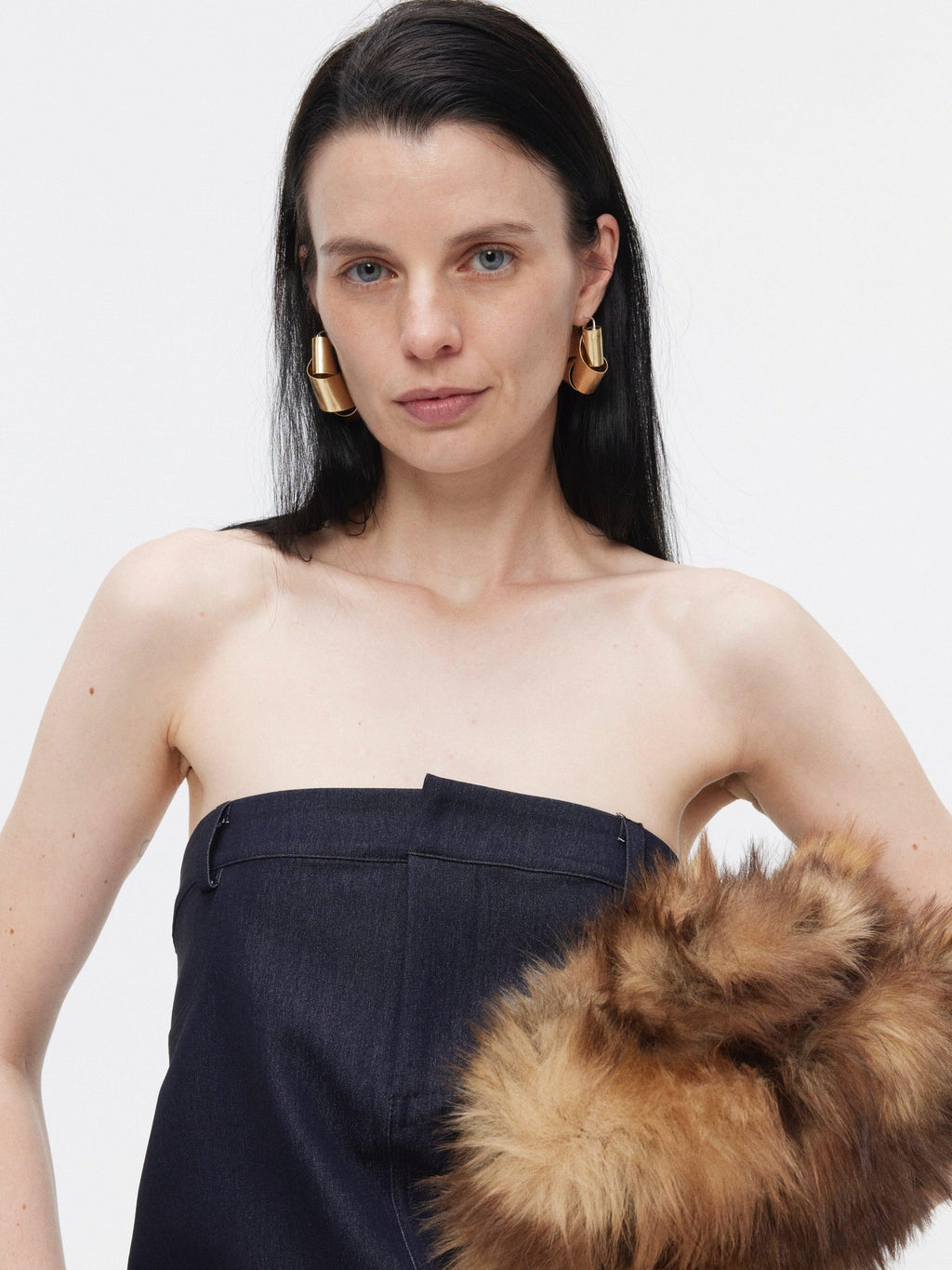BUZHOU Minimalist Sleeveless Denim Bustier And Pleated Skirt Womens Top & Skirt Sets