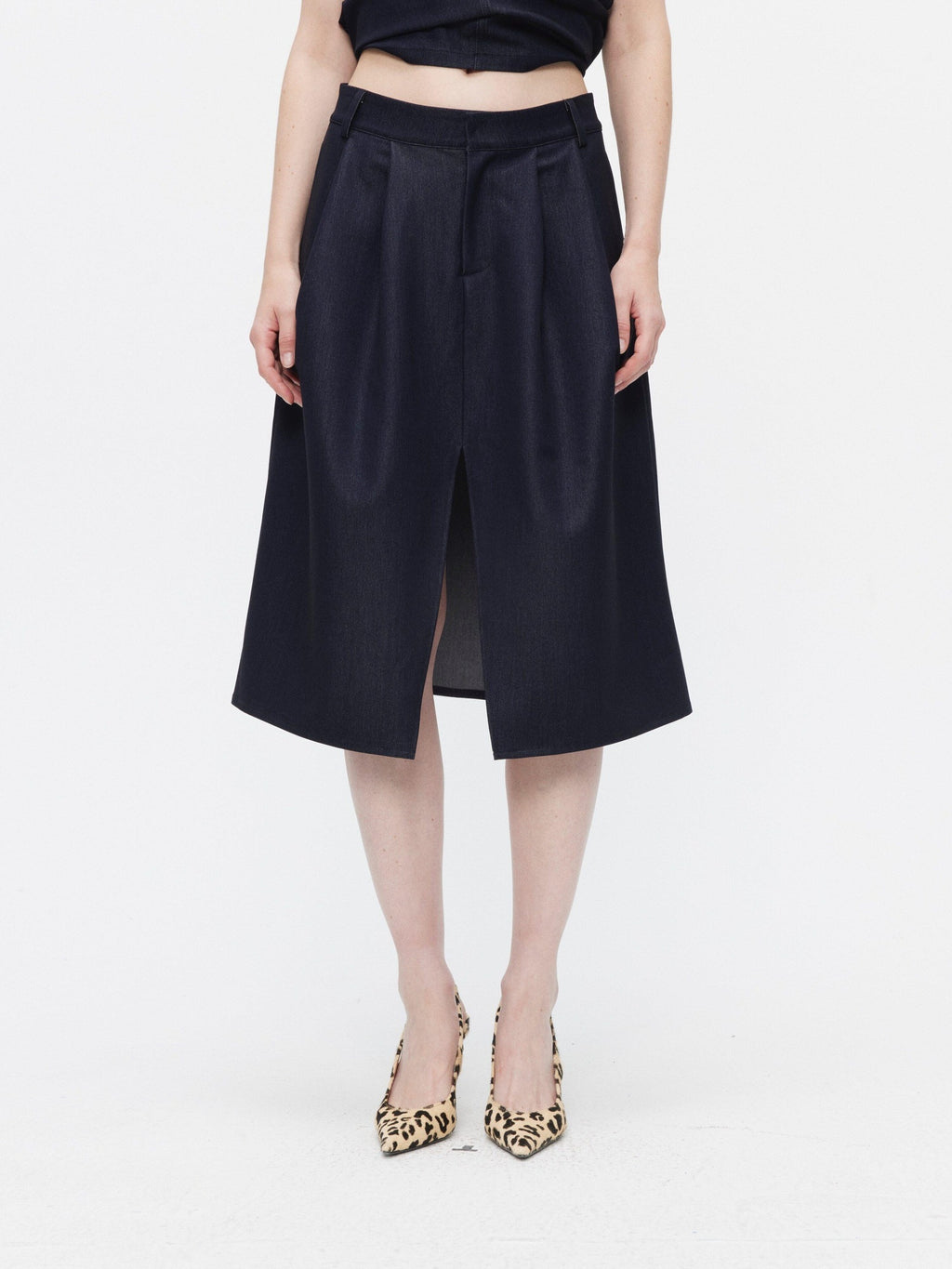 BUZHOU Minimalist Sleeveless Denim Bustier And Pleated Skirt Womens Top & Skirt Sets