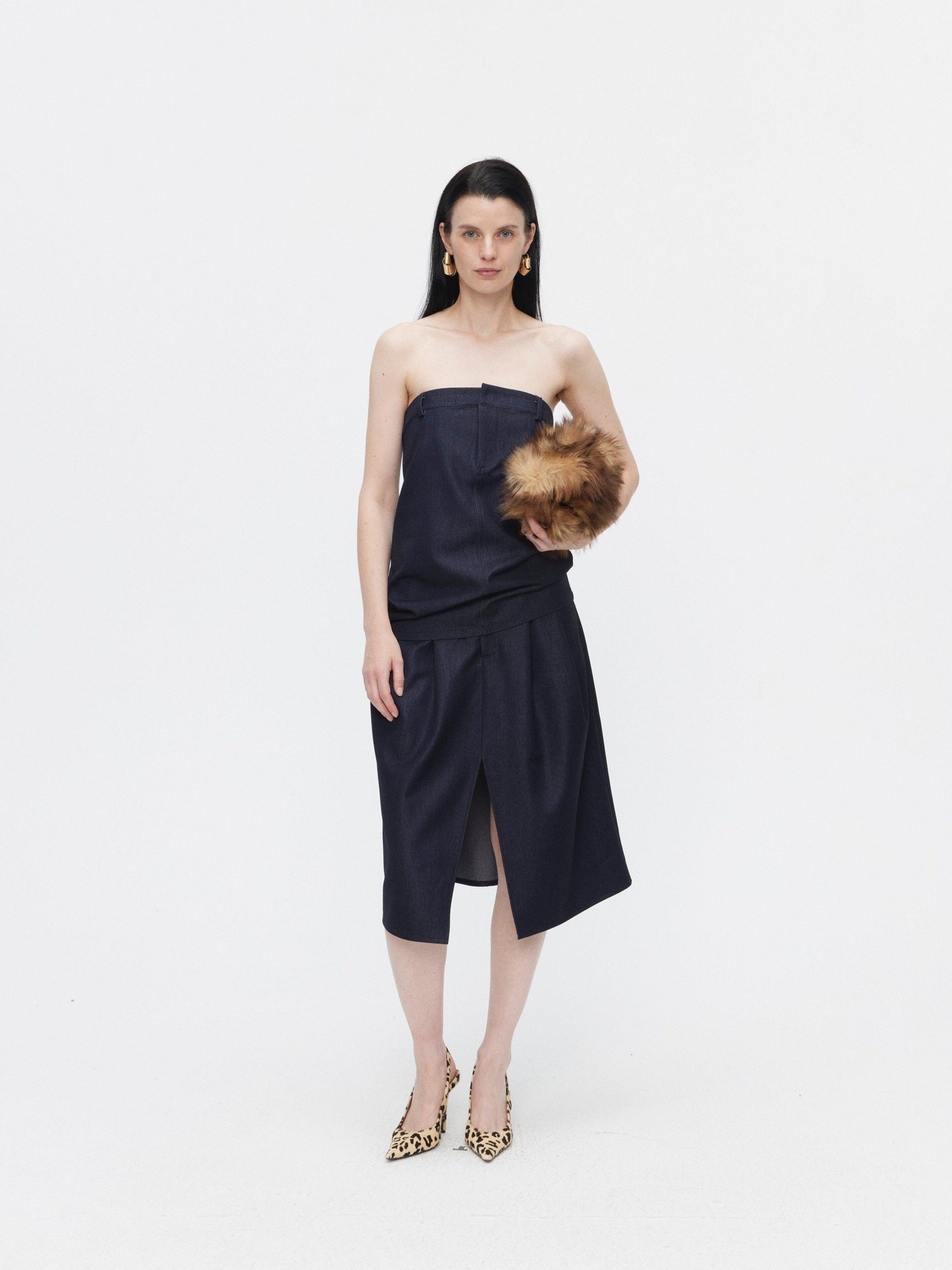 BUZHOU Minimalist Sleeveless Denim Bustier And Pleated Skirt Womens Top & Skirt Sets