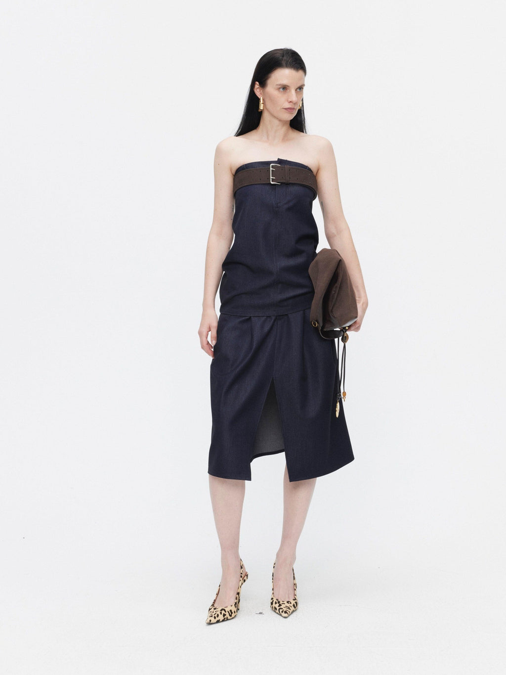 BUZHOU Minimalist Sleeveless Denim Bustier And Pleated Skirt Womens Top & Skirt Sets