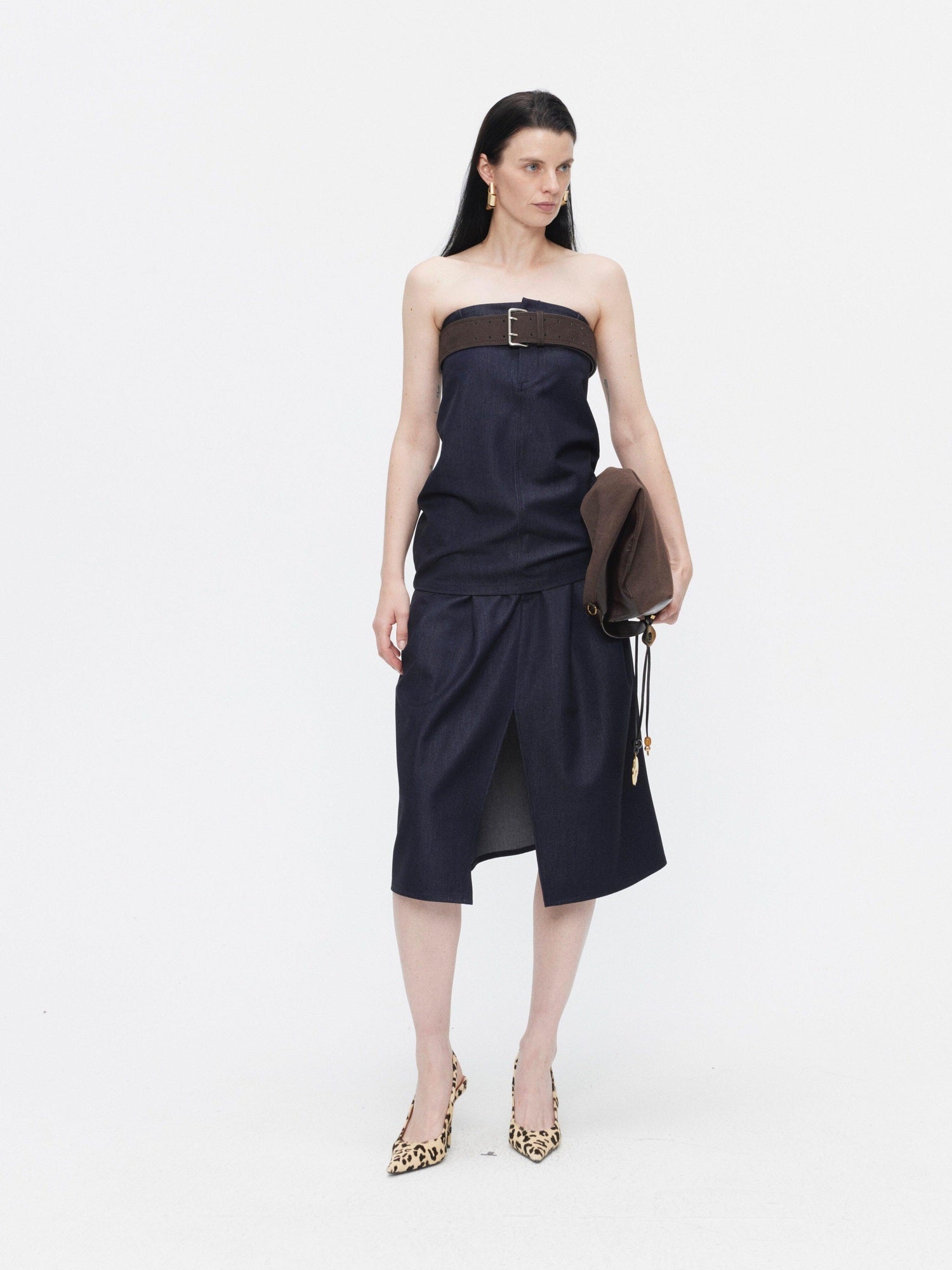 BUZHOU Minimalist Sleeveless Denim Bustier And Pleated Skirt Womens Top & Skirt Sets