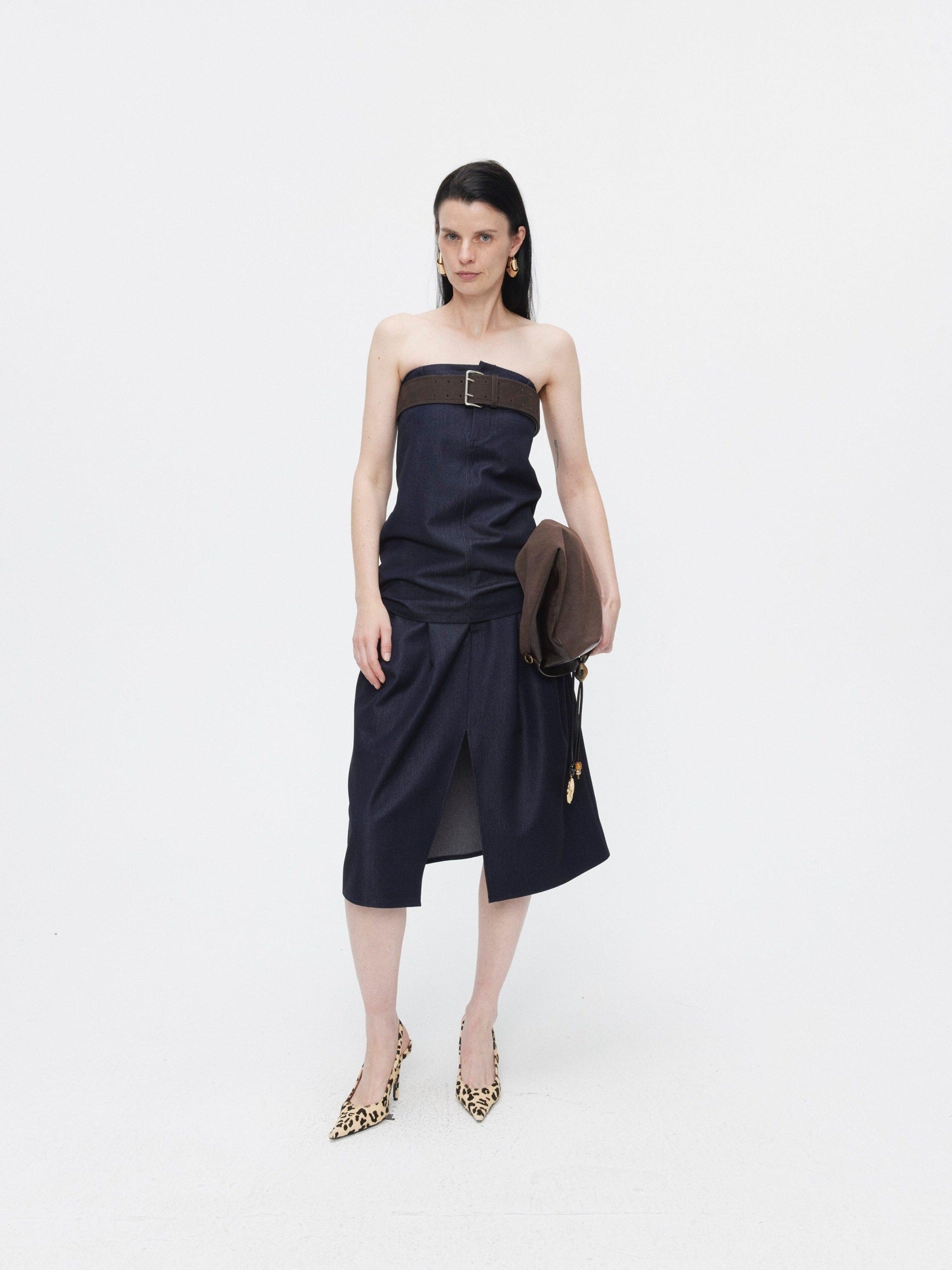 BUZHOU Minimalist Sleeveless Denim Bustier And Pleated Skirt Womens Top & Skirt Sets
