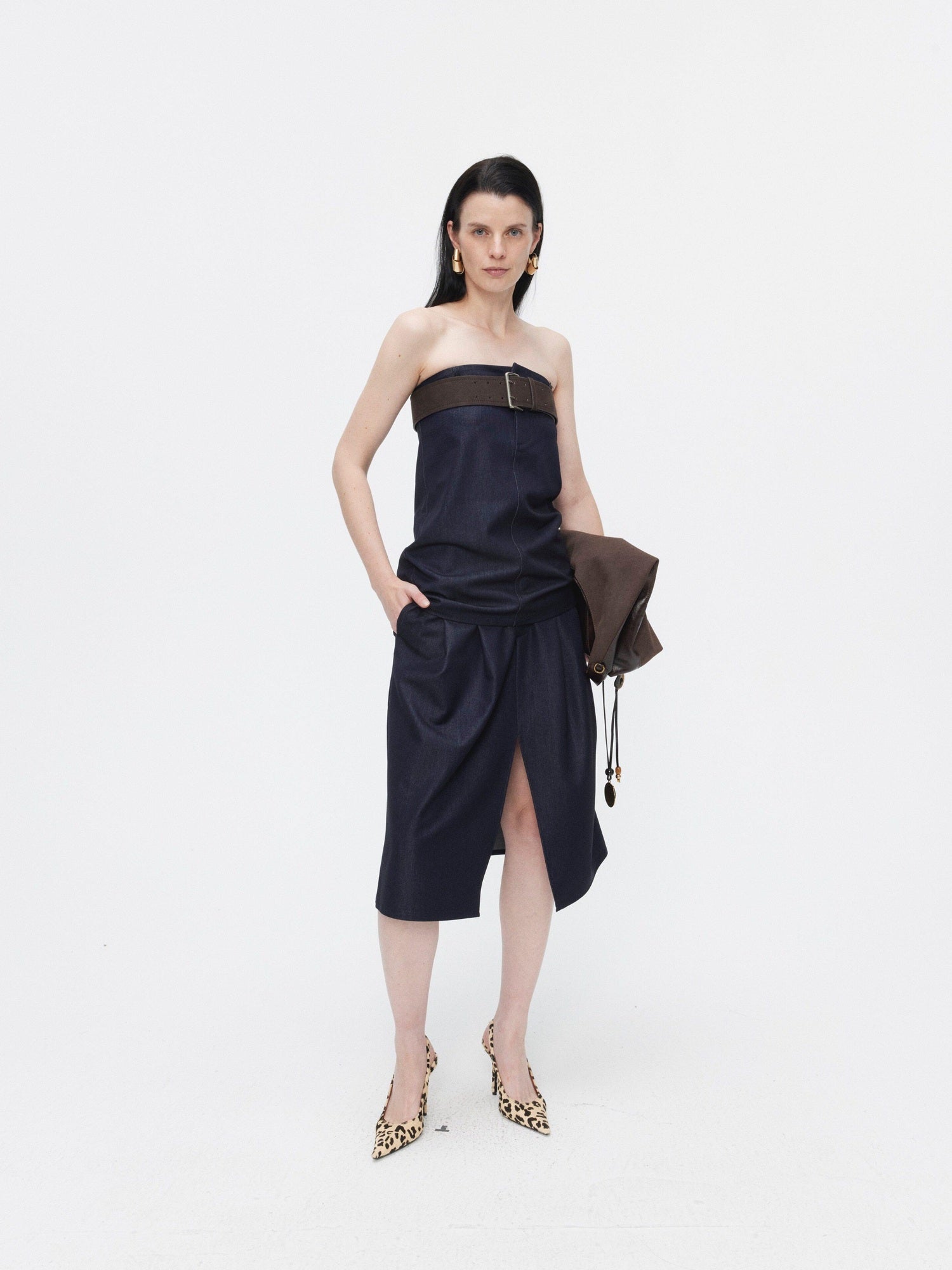 BUZHOU Minimalist Sleeveless Denim Bustier And Pleated Skirt Womens Top & Skirt Sets