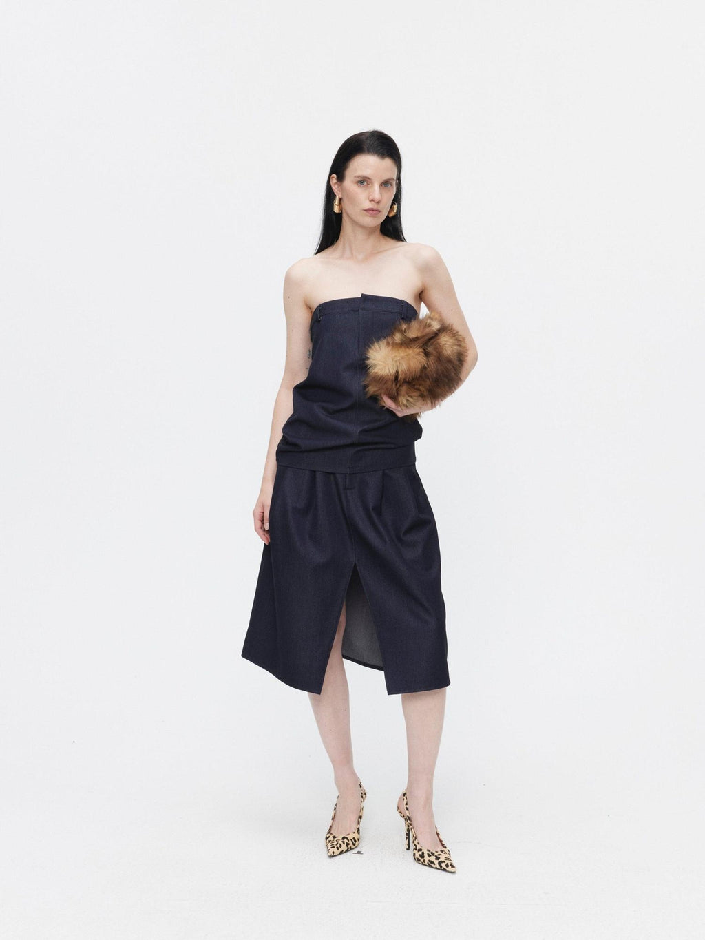 BUZHOU Minimalist Sleeveless Denim Bustier And Pleated Skirt Womens Top & Skirt Sets