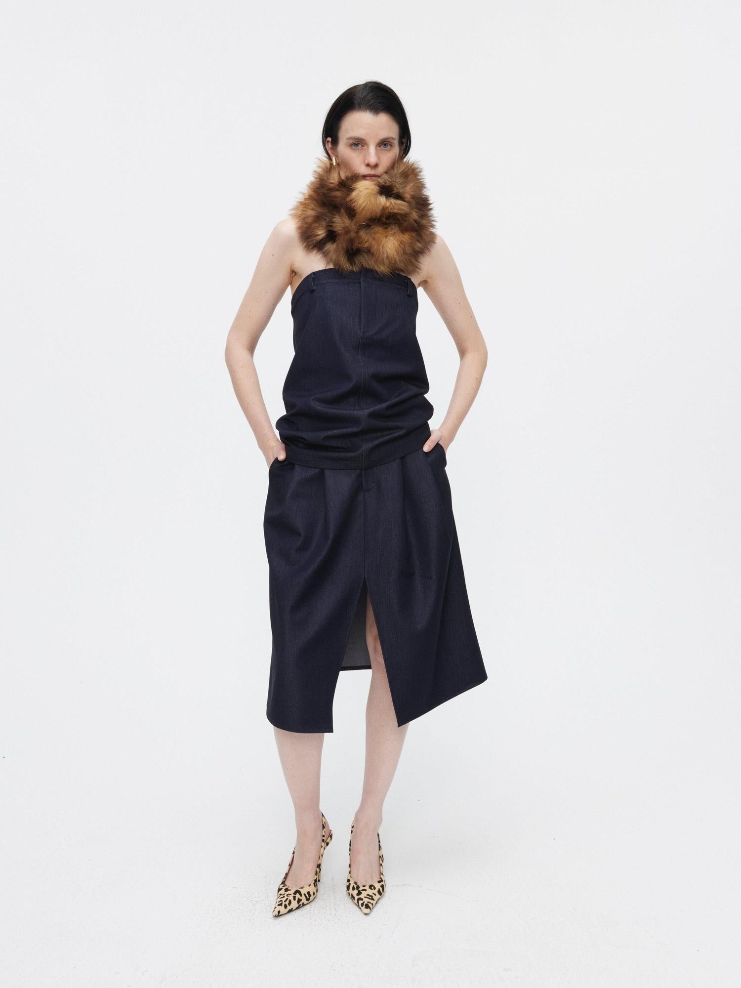BUZHOU Minimalist Sleeveless Denim Bustier And Pleated Skirt Womens Top & Skirt Sets