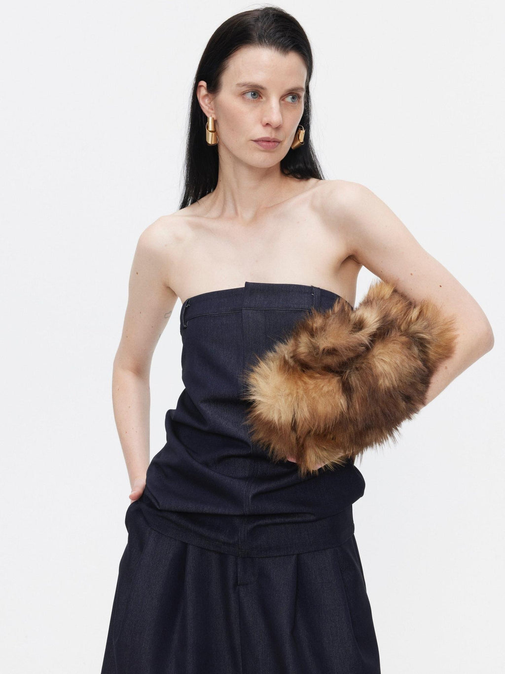 BUZHOU Minimalist Sleeveless Denim Bustier And Pleated Skirt Womens Top & Skirt Sets