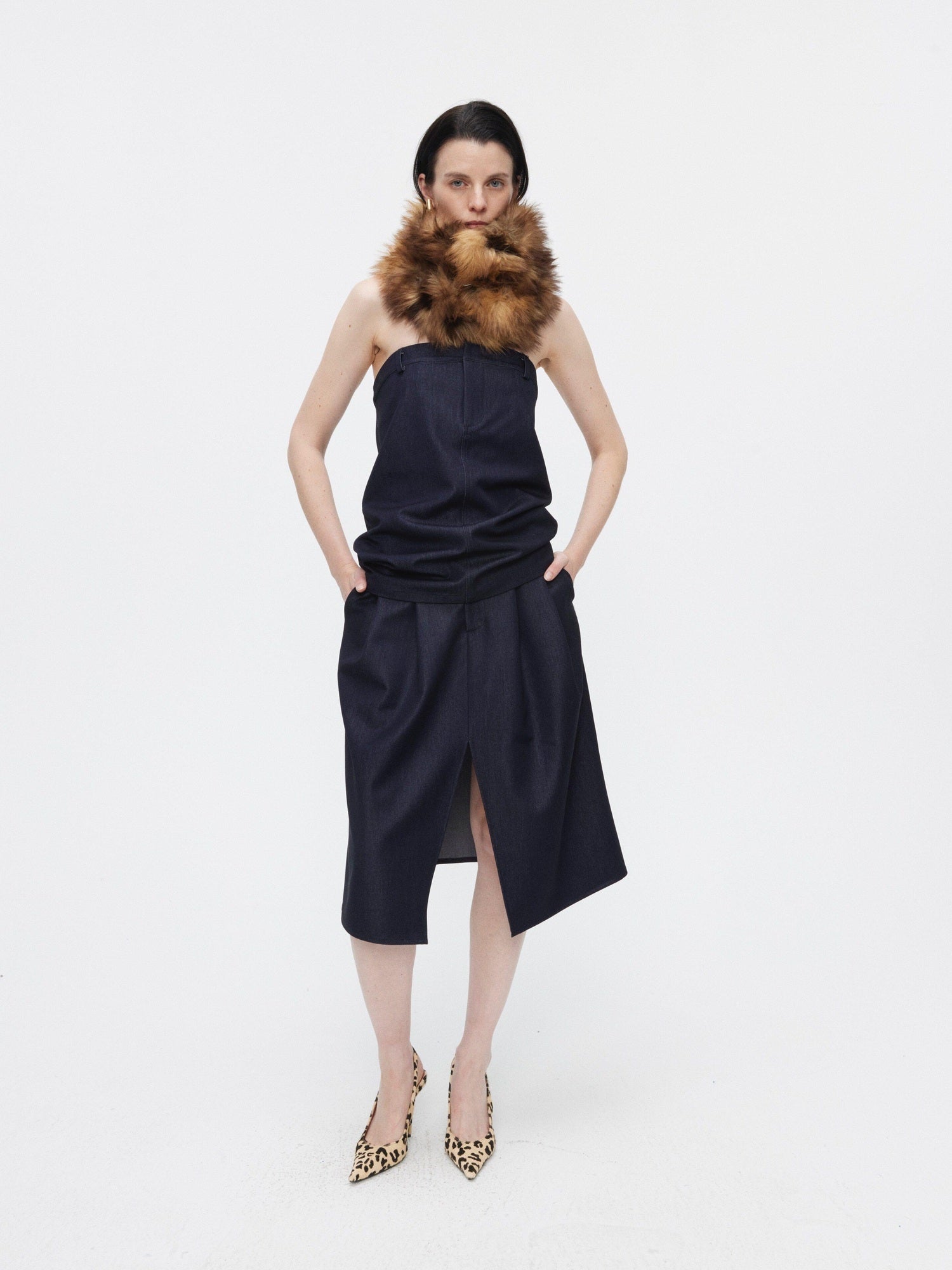 BUZHOU Minimalist Sleeveless Denim Bustier And Pleated Skirt Womens Top & Skirt Sets