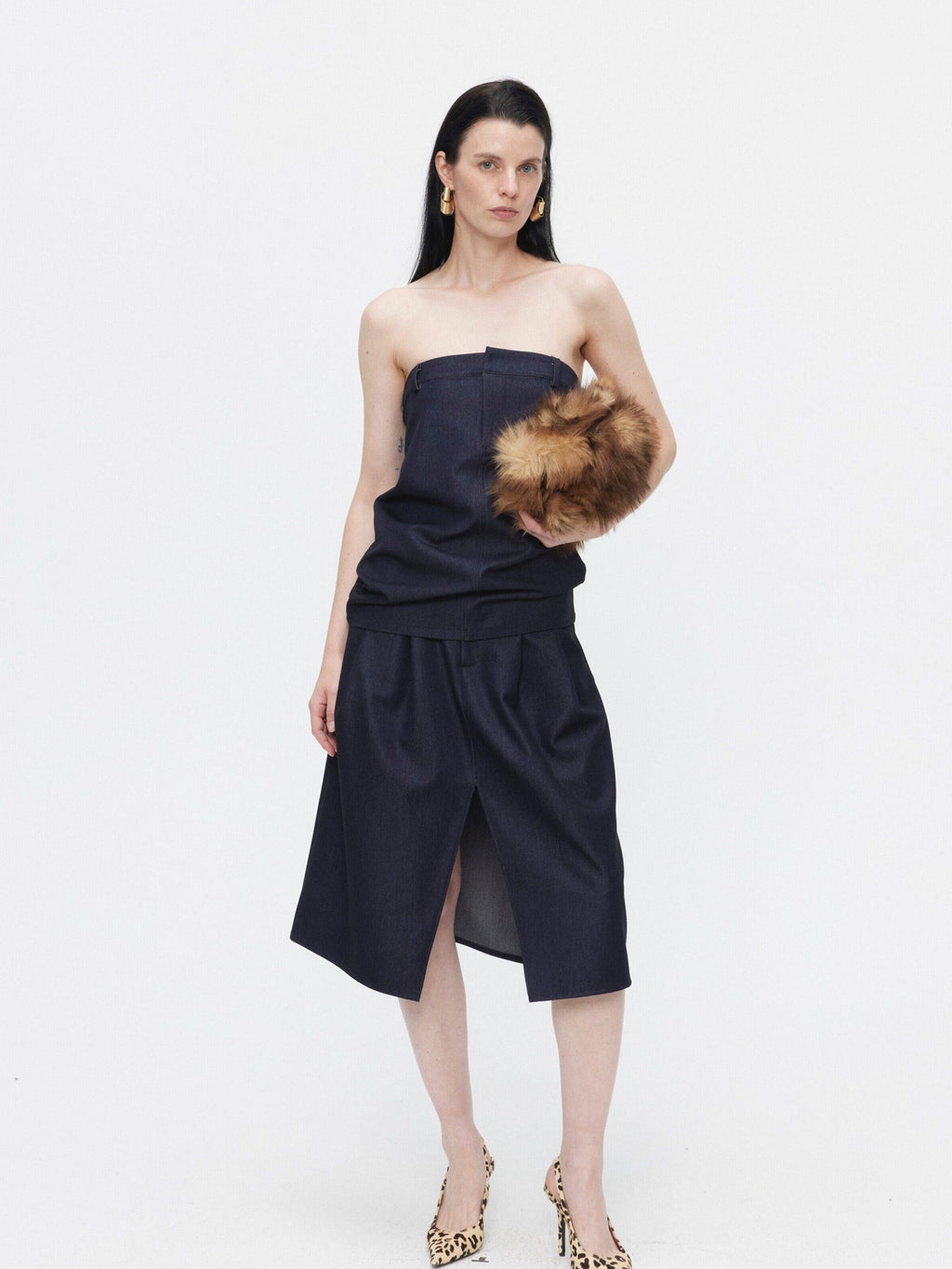 BUZHOU Minimalist Sleeveless Denim Bustier And Pleated Skirt Womens Top & Skirt Sets