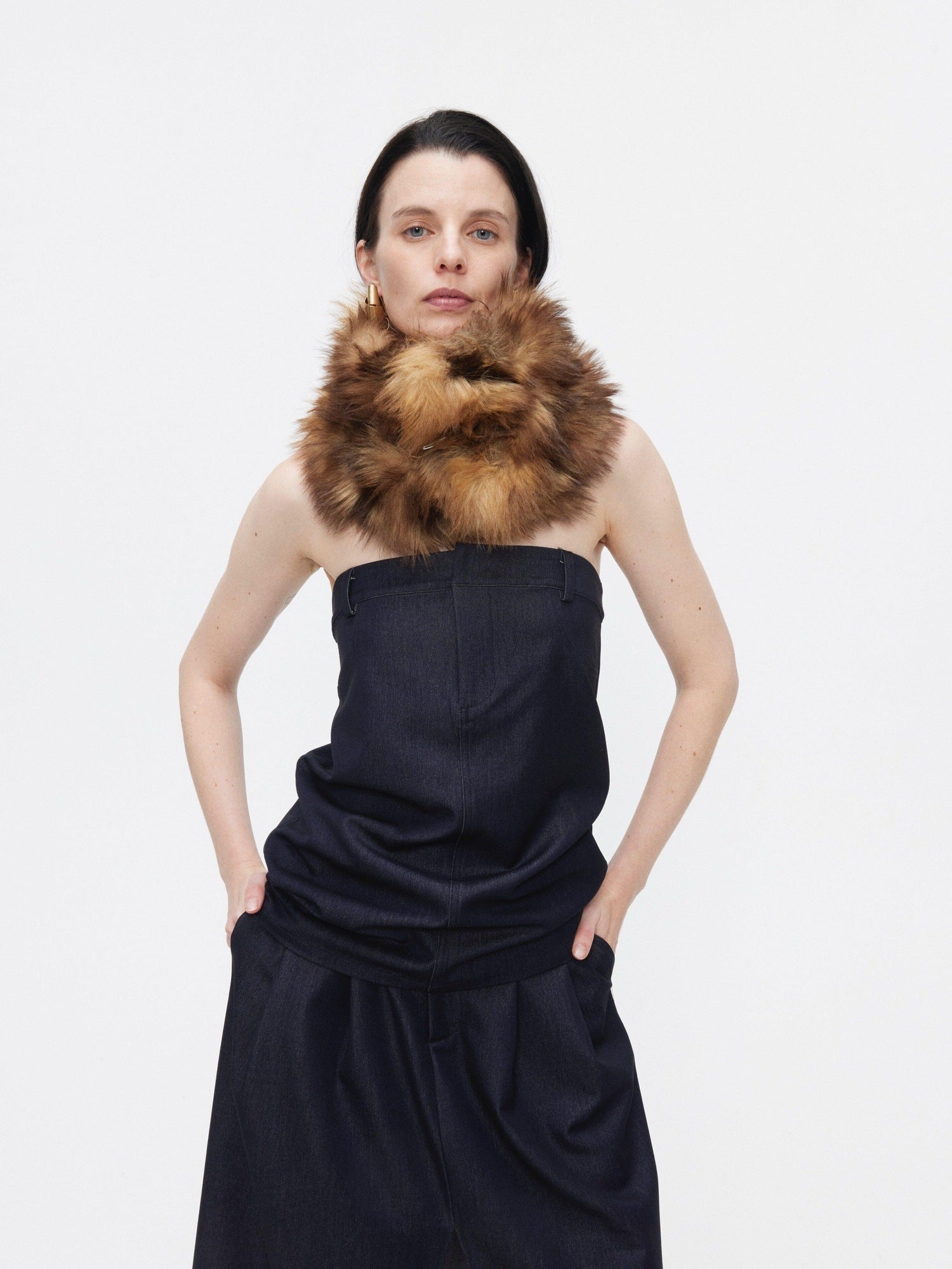 BUZHOU Minimalist Sleeveless Denim Bustier And Pleated Skirt Womens Top & Skirt Sets