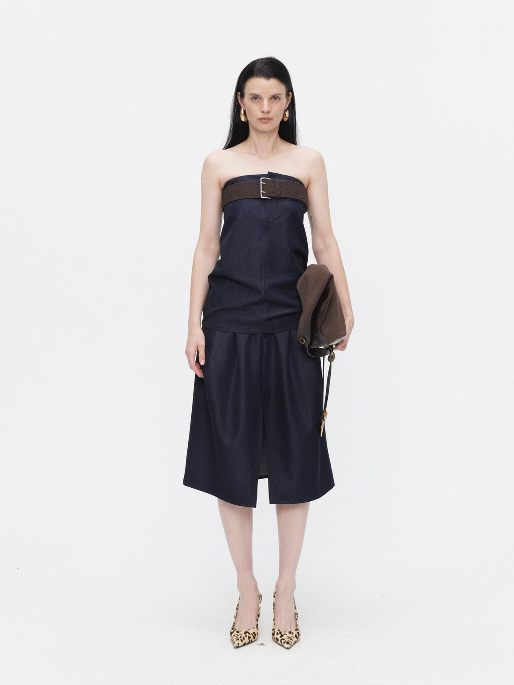 BUZHOU Minimalist Sleeveless Denim Bustier And Pleated Skirt Womens Top & Skirt Sets
