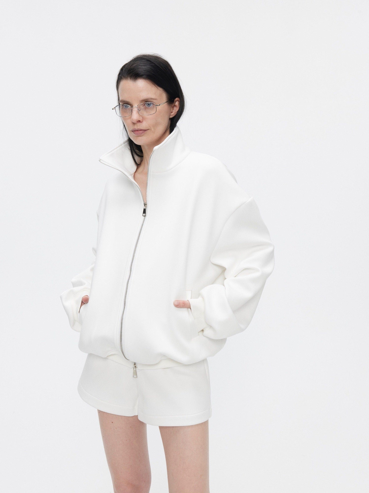 BUZHOU Minimalist Unisex Stand Collar Long Sleeve Sweatshirt Shorts Top & Shorts Sets