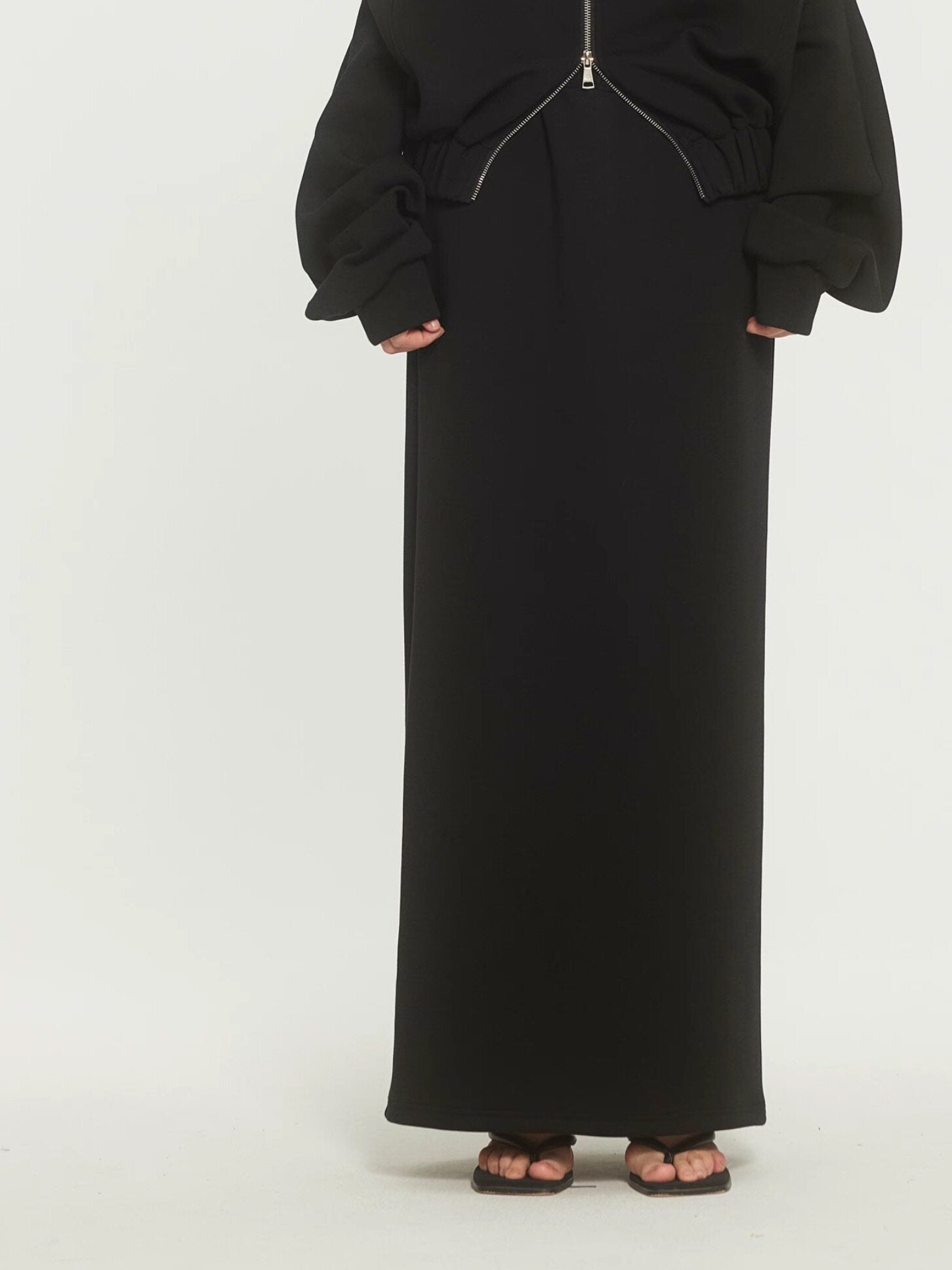 BUZHOU_Original_Loose_Off_Shoulder_Long_Sleeve_Zipper_Black_Top_&_Skirt_Sets_MISSTT
