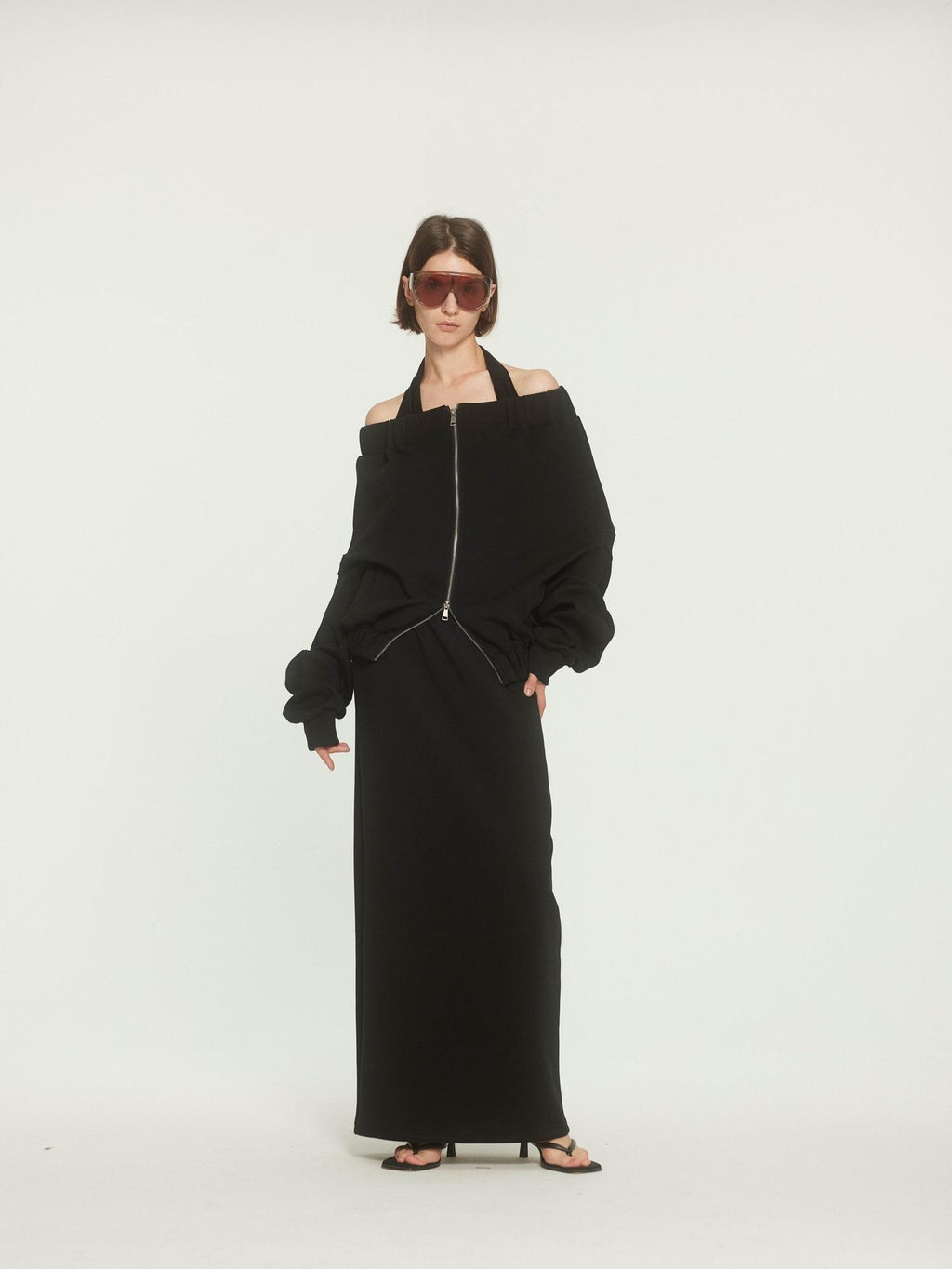 BUZHOU Original Loose Off Shoulder Long Sleeve Zipper Black Top & Skirt Sets