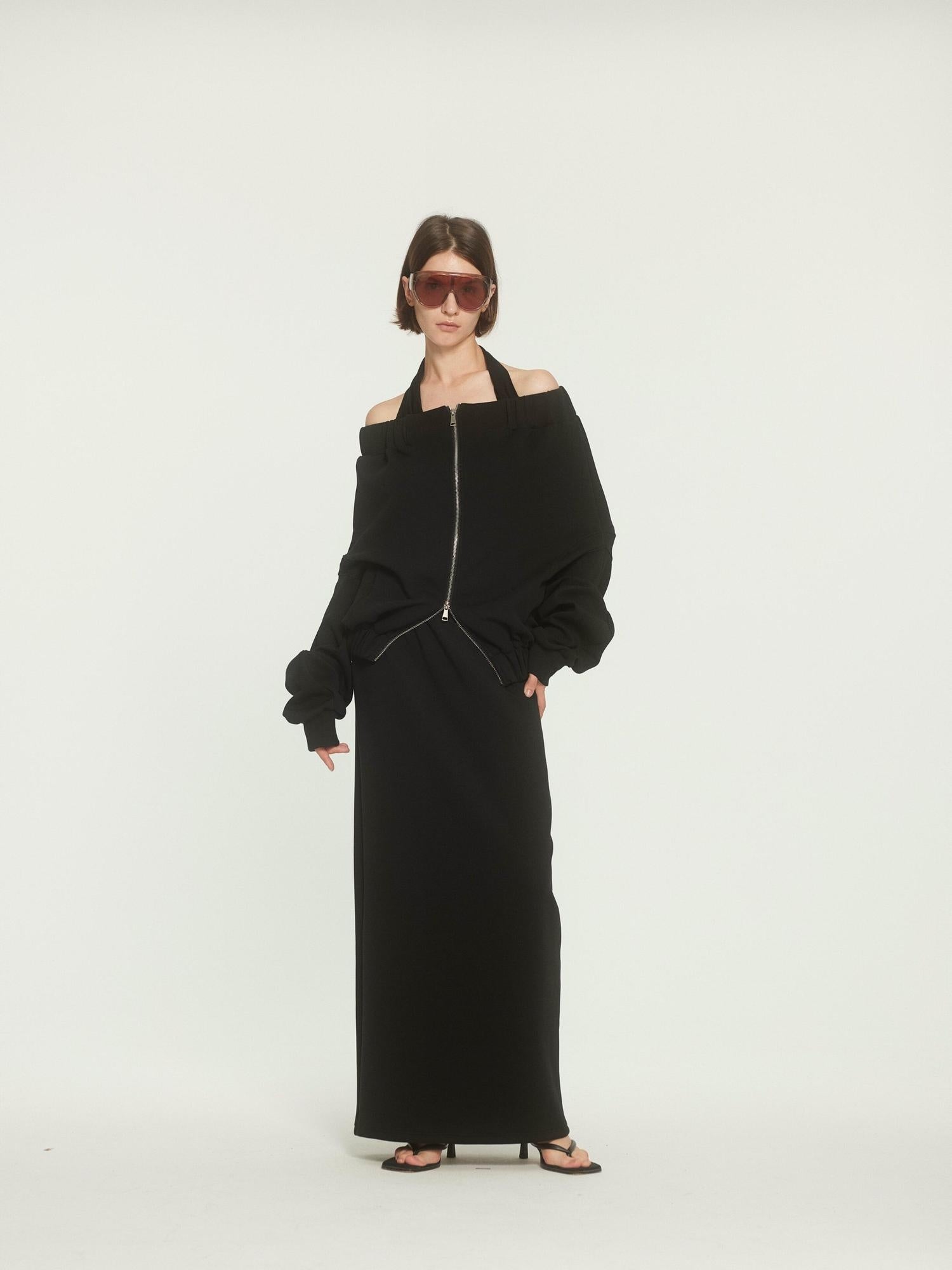 BUZHOU Original Loose Off Shoulder Long Sleeve Zipper Black Top & Skirt Sets