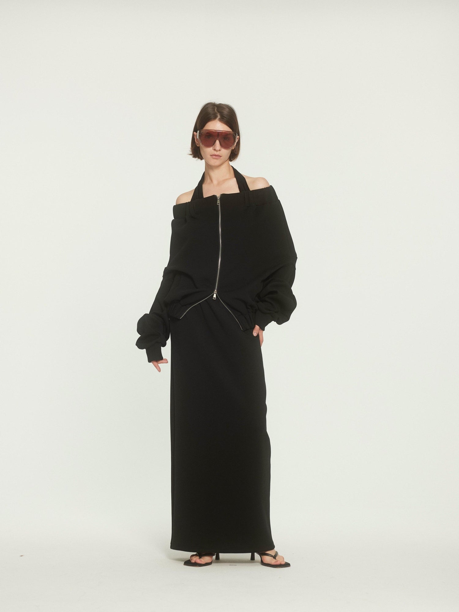 BUZHOU Original Loose Off Shoulder Long Sleeve Zipper Black Top & Skirt Sets