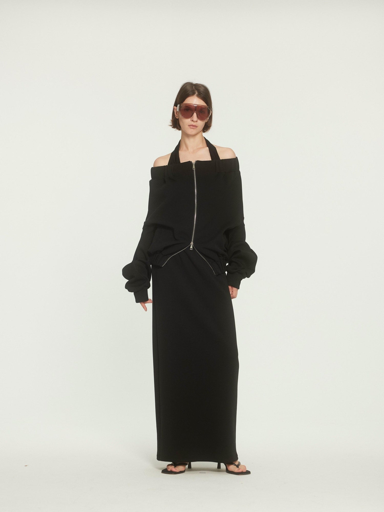 BUZHOU Original Loose Off Shoulder Long Sleeve Zipper Black Top & Skirt Sets