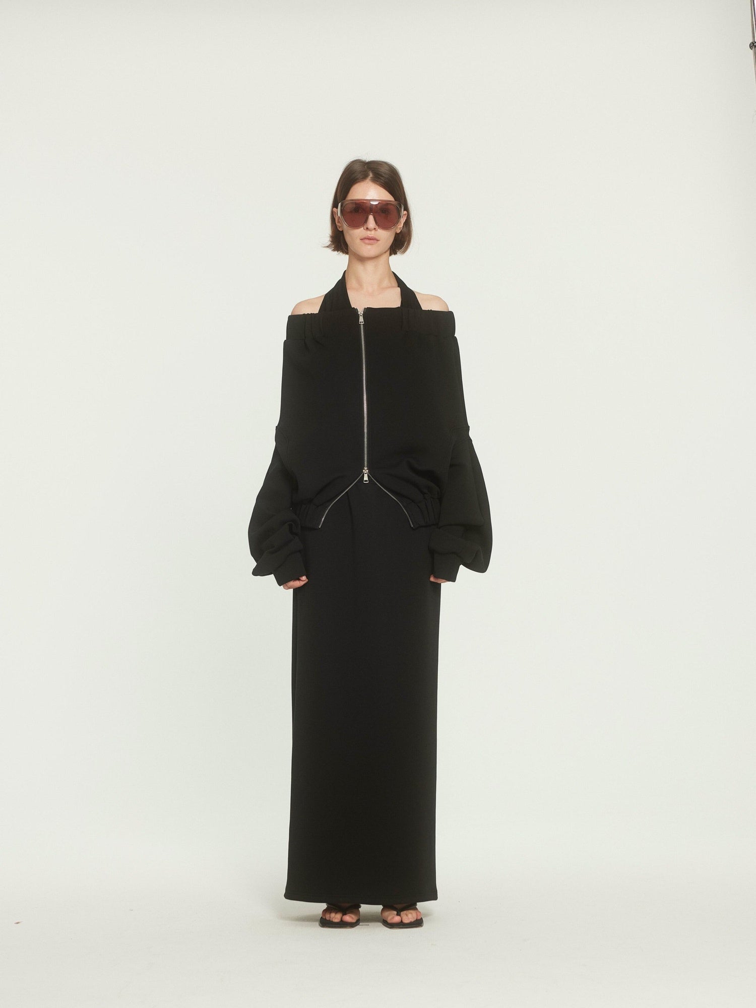 BUZHOU Original Loose Off Shoulder Long Sleeve Zipper Black Top & Skirt Sets