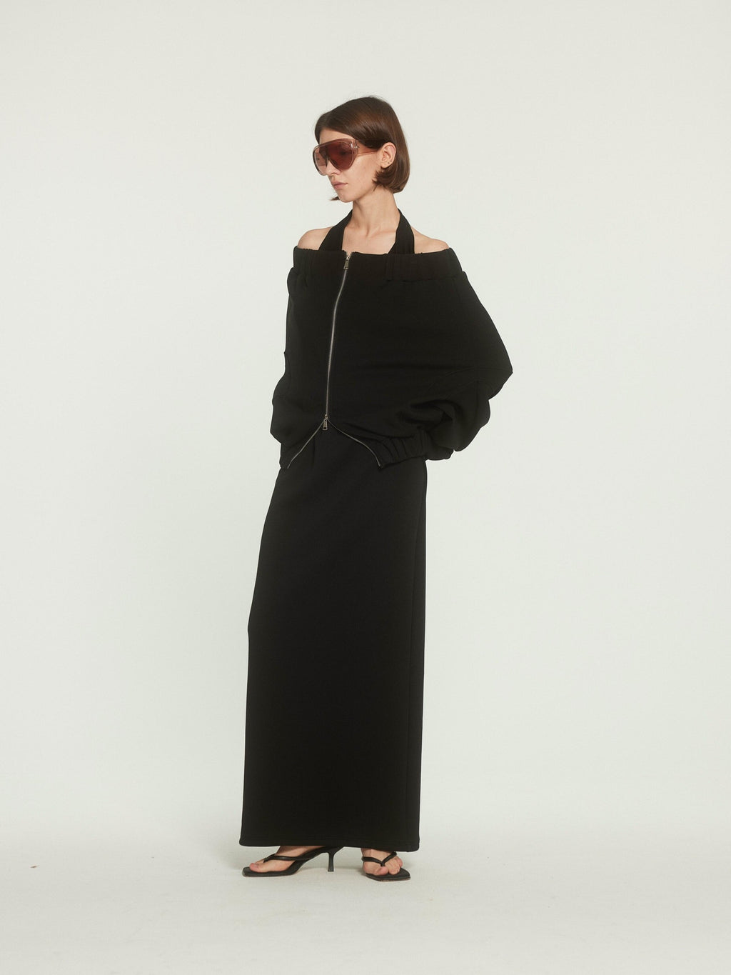 BUZHOU Original Loose Off Shoulder Long Sleeve Zipper Black Top & Skirt Sets