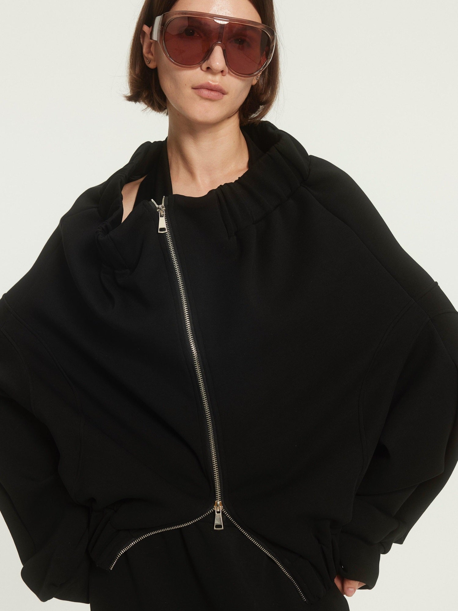 BUZHOU Original Loose Off Shoulder Long Sleeve Zipper Black Top & Skirt Sets