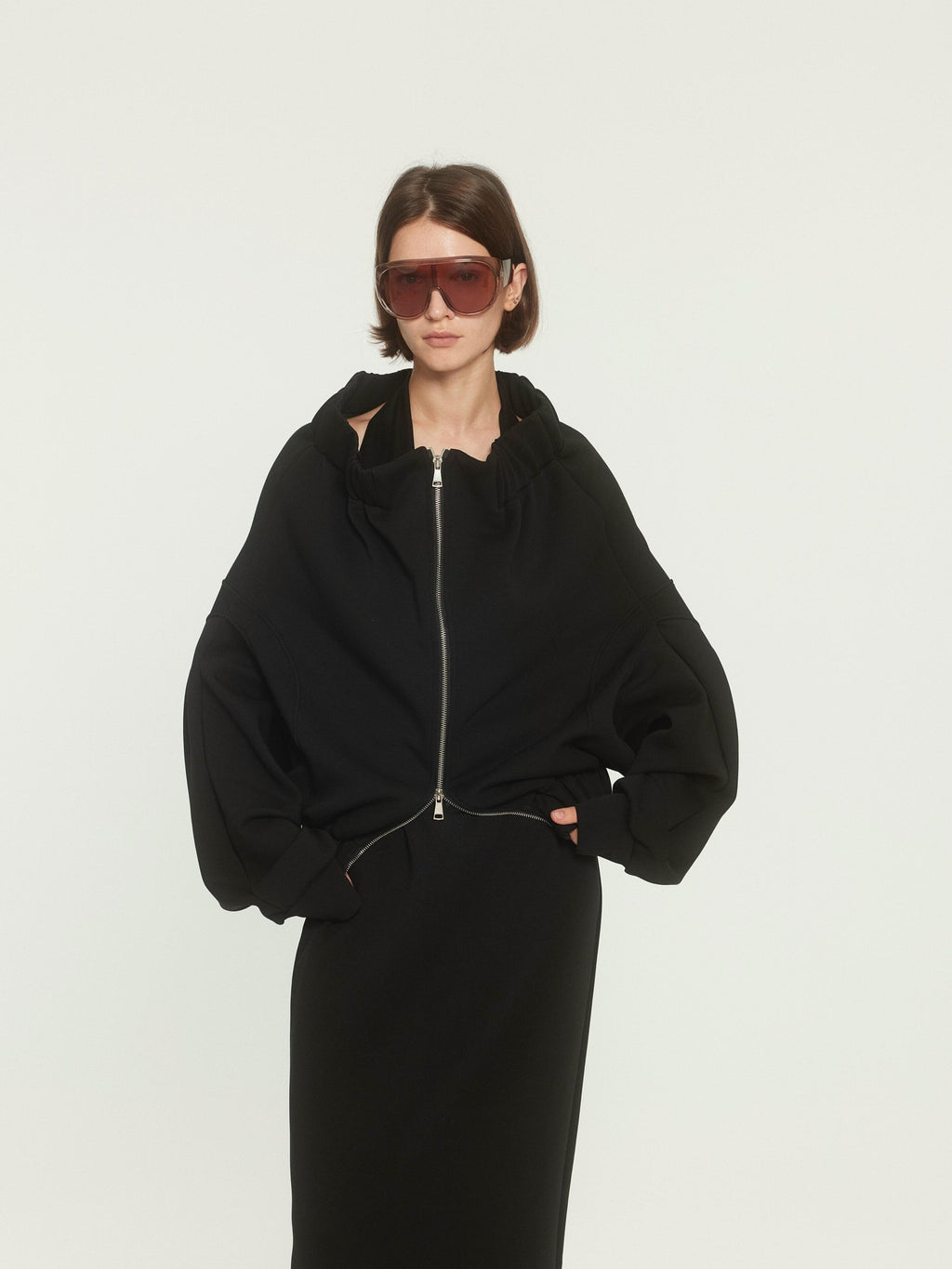 BUZHOU Original Loose Off Shoulder Long Sleeve Zipper Black Top & Skirt Sets