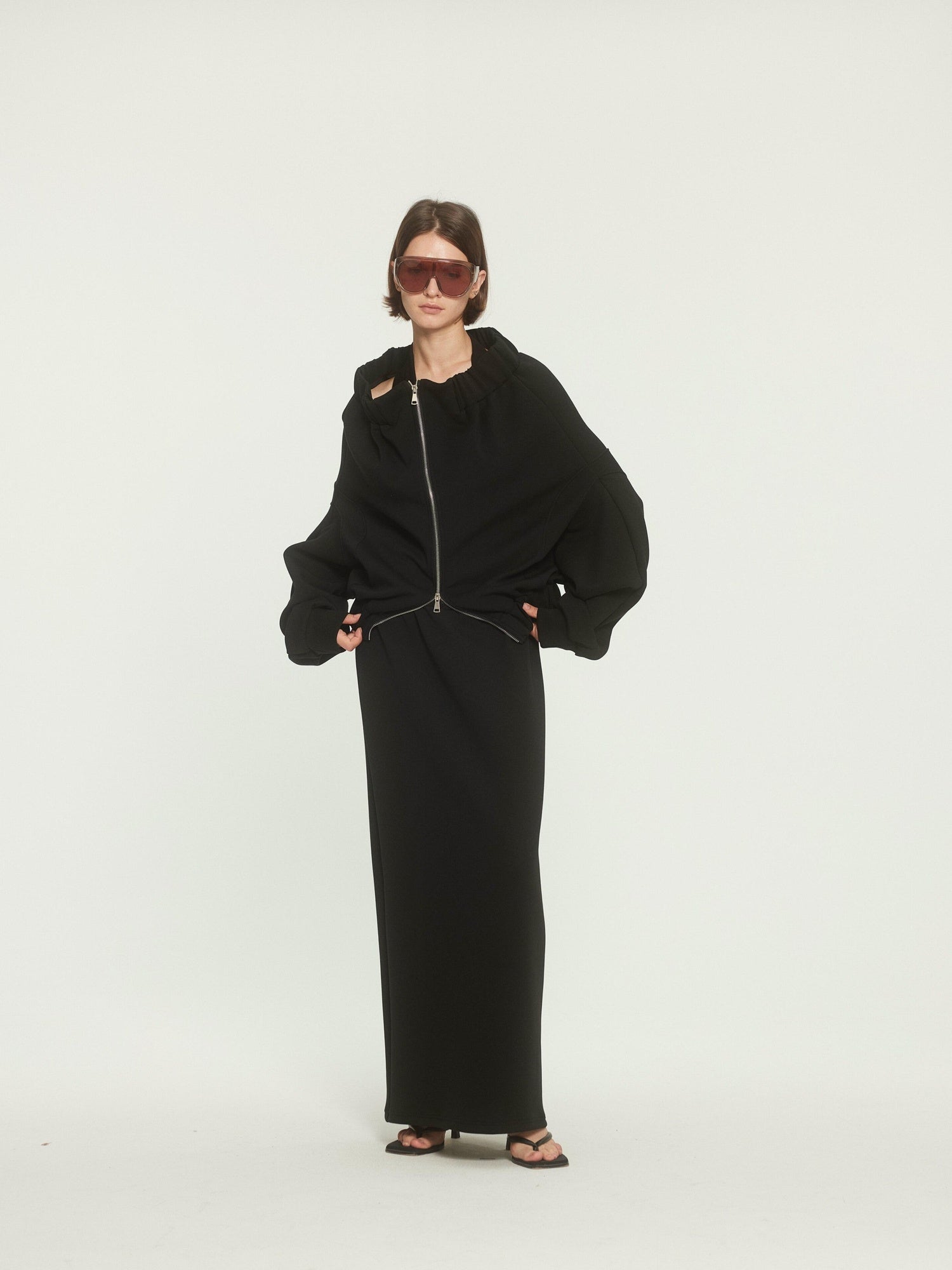 BUZHOU Original Loose Off Shoulder Long Sleeve Zipper Black Top & Skirt Sets
