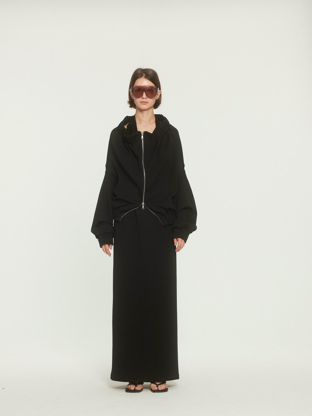 BUZHOU Original Loose Off Shoulder Long Sleeve Zipper Black Top & Skirt Sets