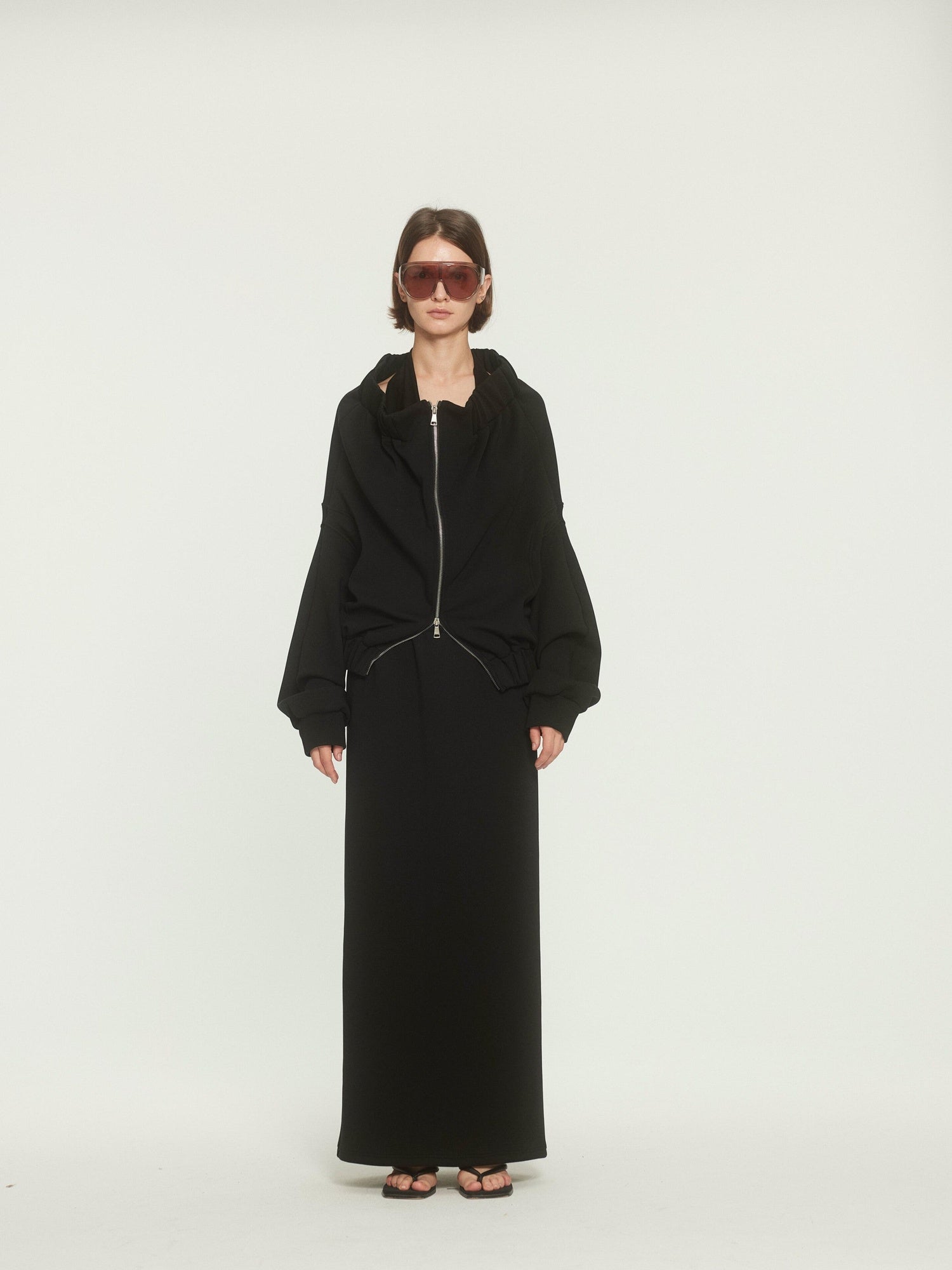 BUZHOU Original Loose Off Shoulder Long Sleeve Zipper Black Top & Skirt Sets