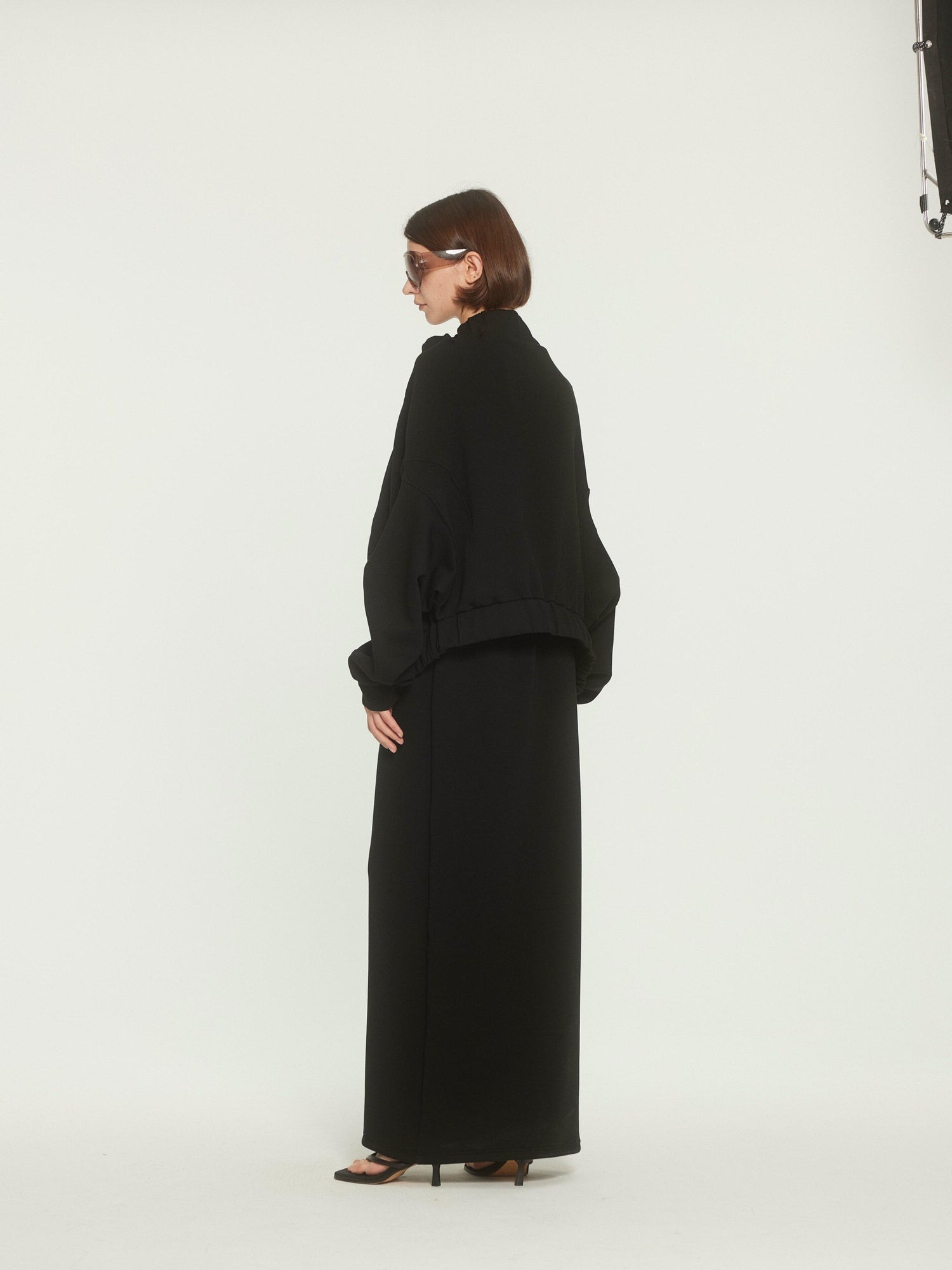 BUZHOU Original Loose Off Shoulder Long Sleeve Zipper Black Top & Skirt Sets