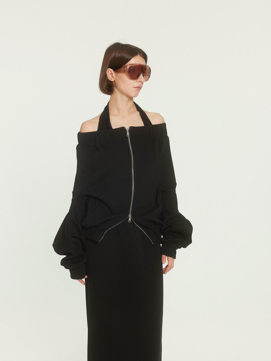 BUZHOU Original Loose Off Shoulder Long Sleeve Zipper Black Top & Skirt Sets