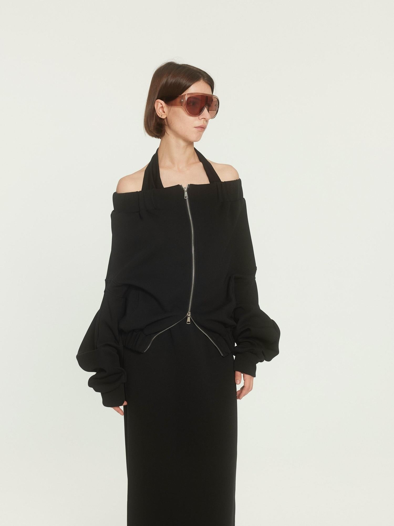 BUZHOU Original Loose Off Shoulder Long Sleeve Zipper Black Top & Skirt Sets