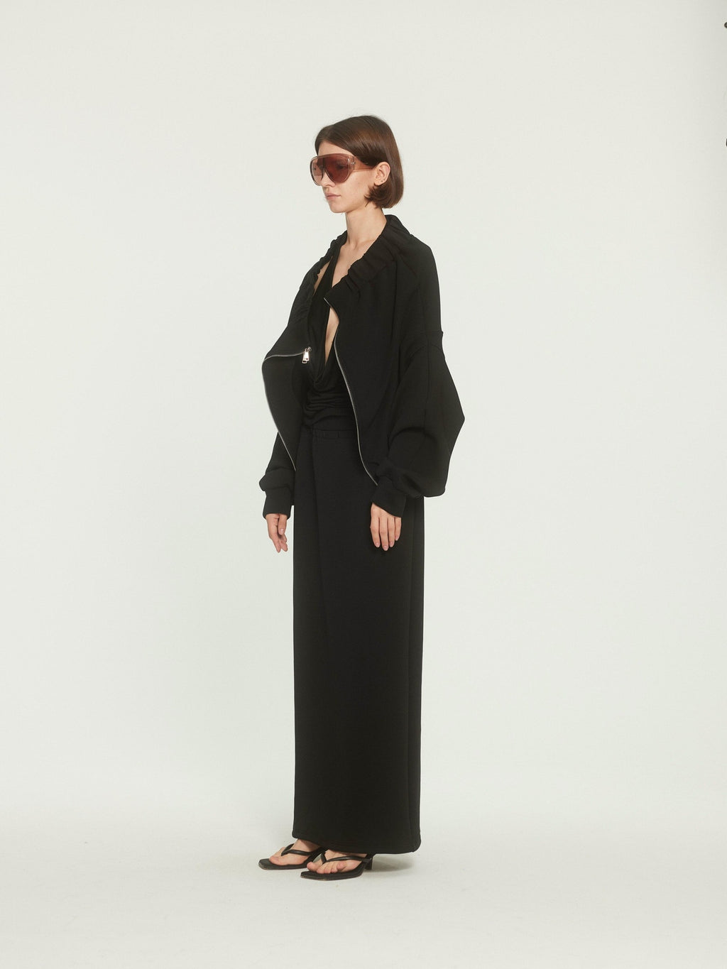 BUZHOU Original Loose Off Shoulder Long Sleeve Zipper Black Top & Skirt Sets