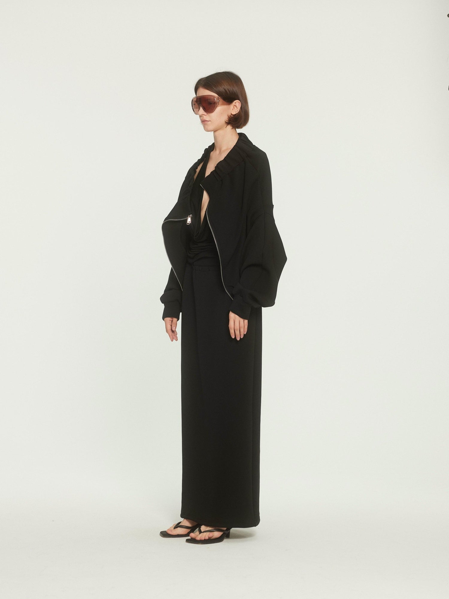 BUZHOU Original Loose Off Shoulder Long Sleeve Zipper Black Top & Skirt Sets