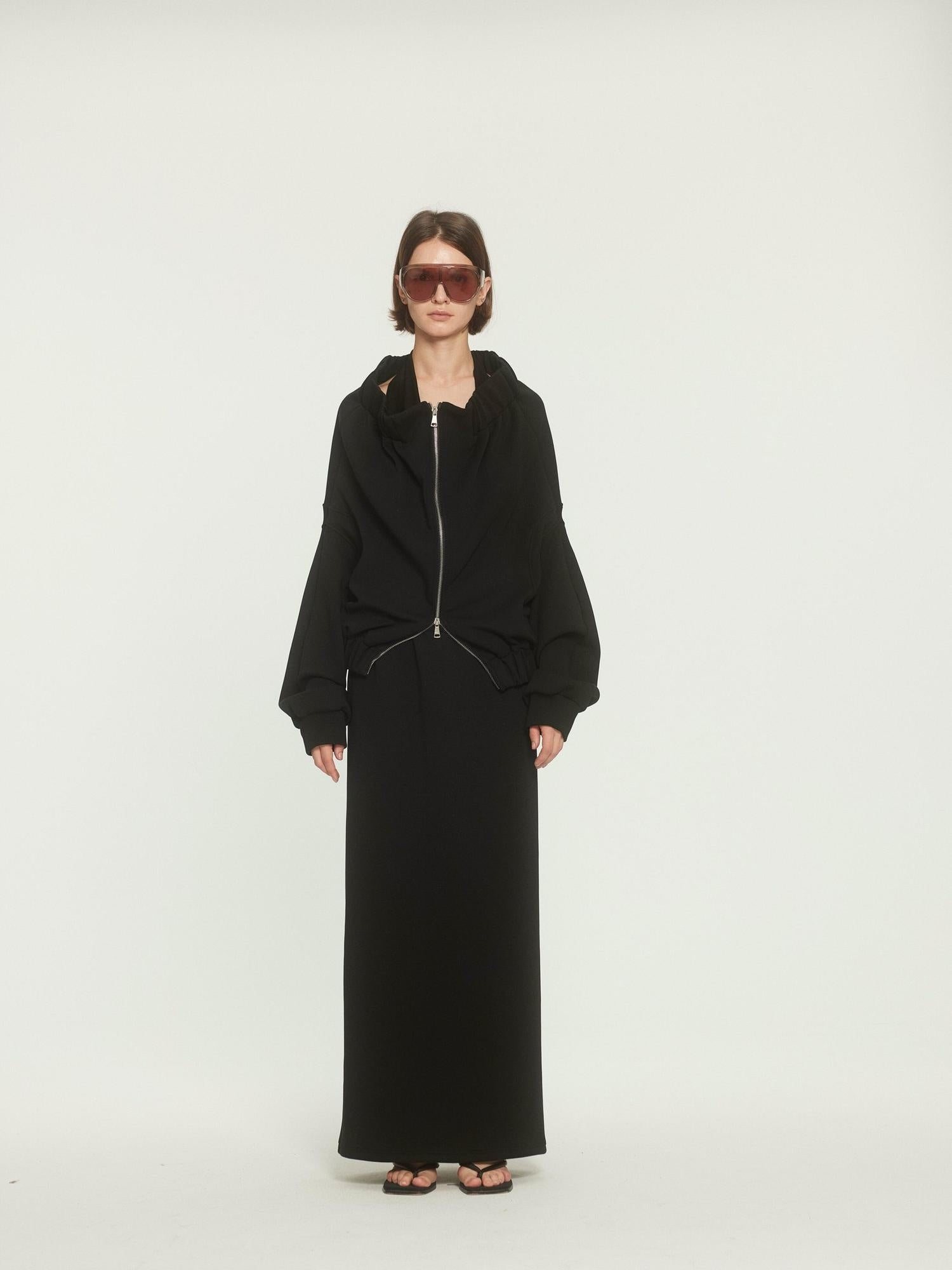 BUZHOU Original Loose Off Shoulder Long Sleeve Zipper Black Top & Skirt Sets