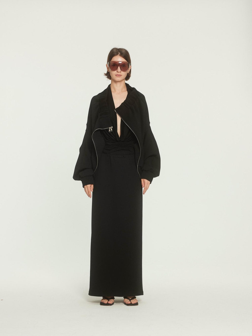 BUZHOU Original Loose Off Shoulder Long Sleeve Zipper Black Top & Skirt Sets