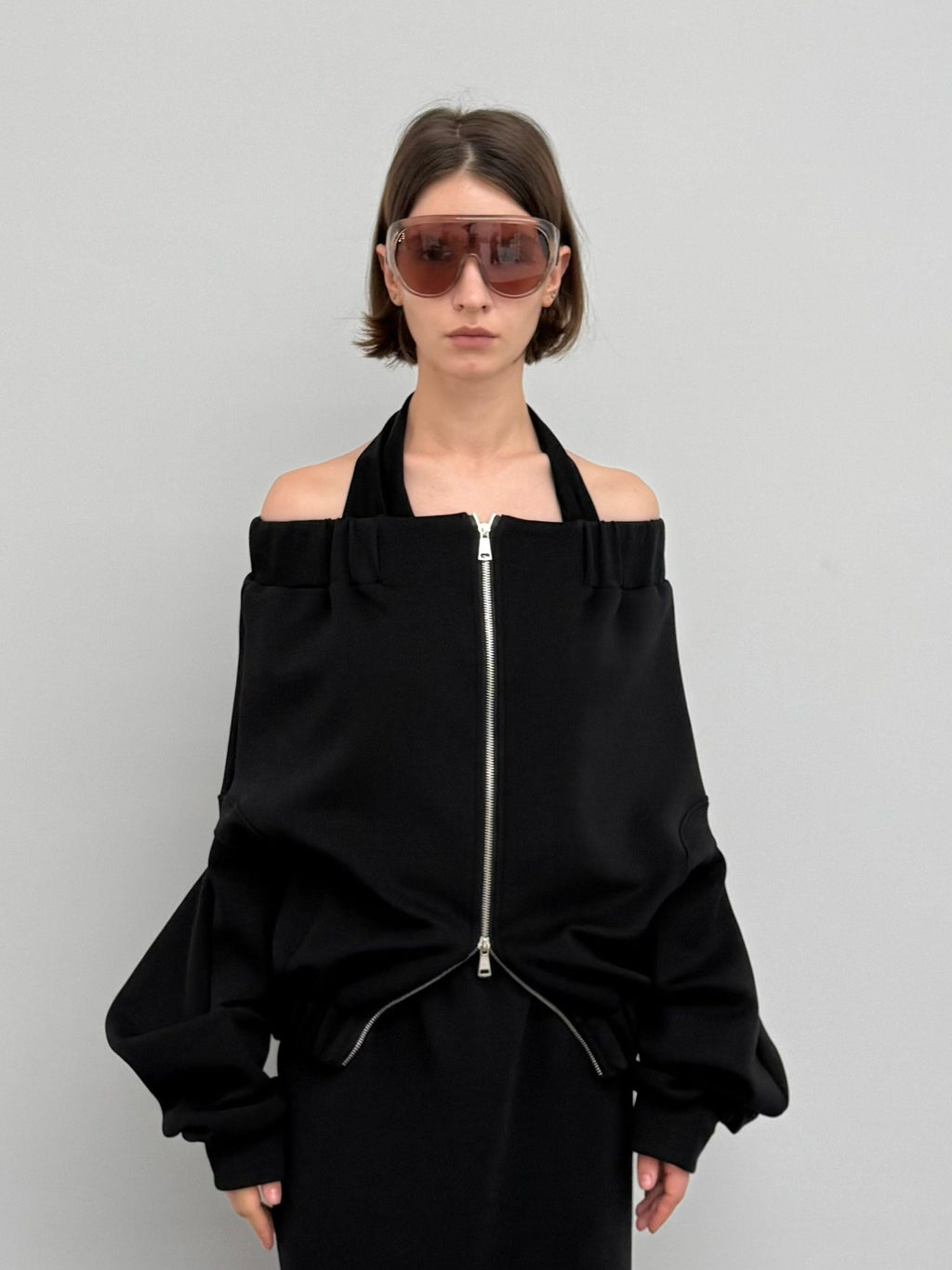 BUZHOU Original Loose Off Shoulder Long Sleeve Zipper Black Top & Skirt Sets