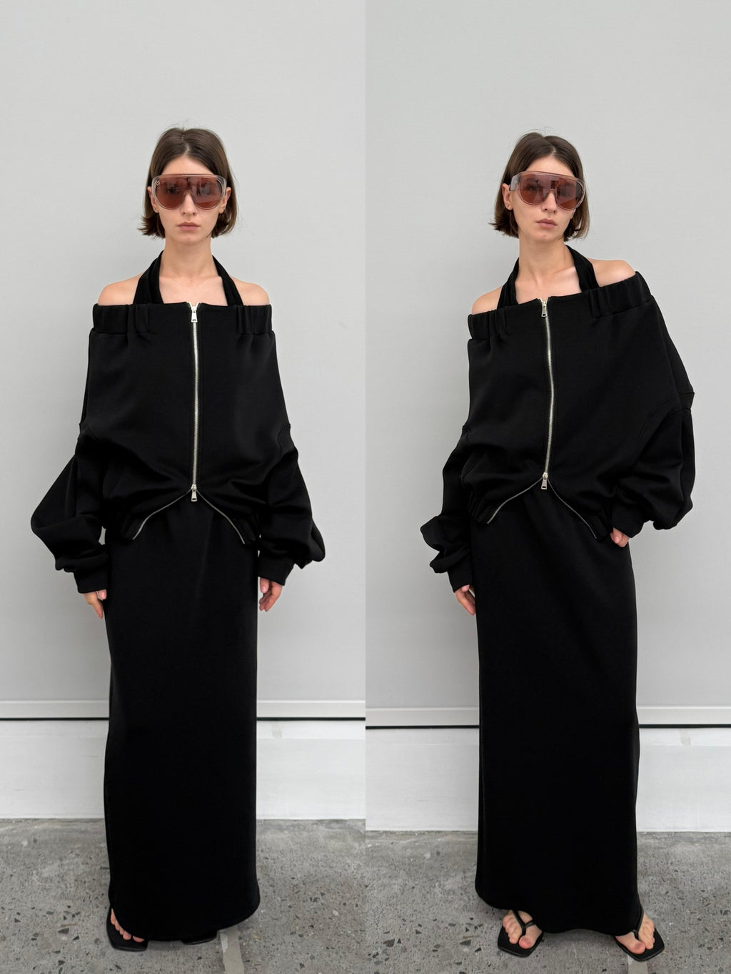 BUZHOU Original Loose Off Shoulder Long Sleeve Zipper Black Top & Skirt Sets