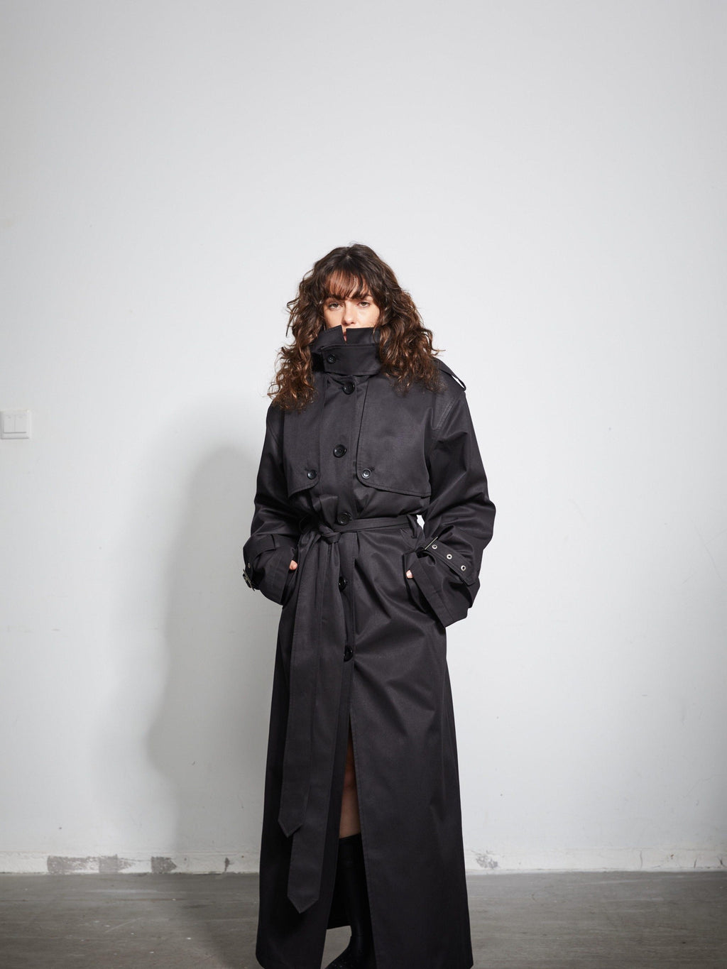 BUZHOU Pocketed Midlength Single Breasted Suit Collar Office Black Trench Coats