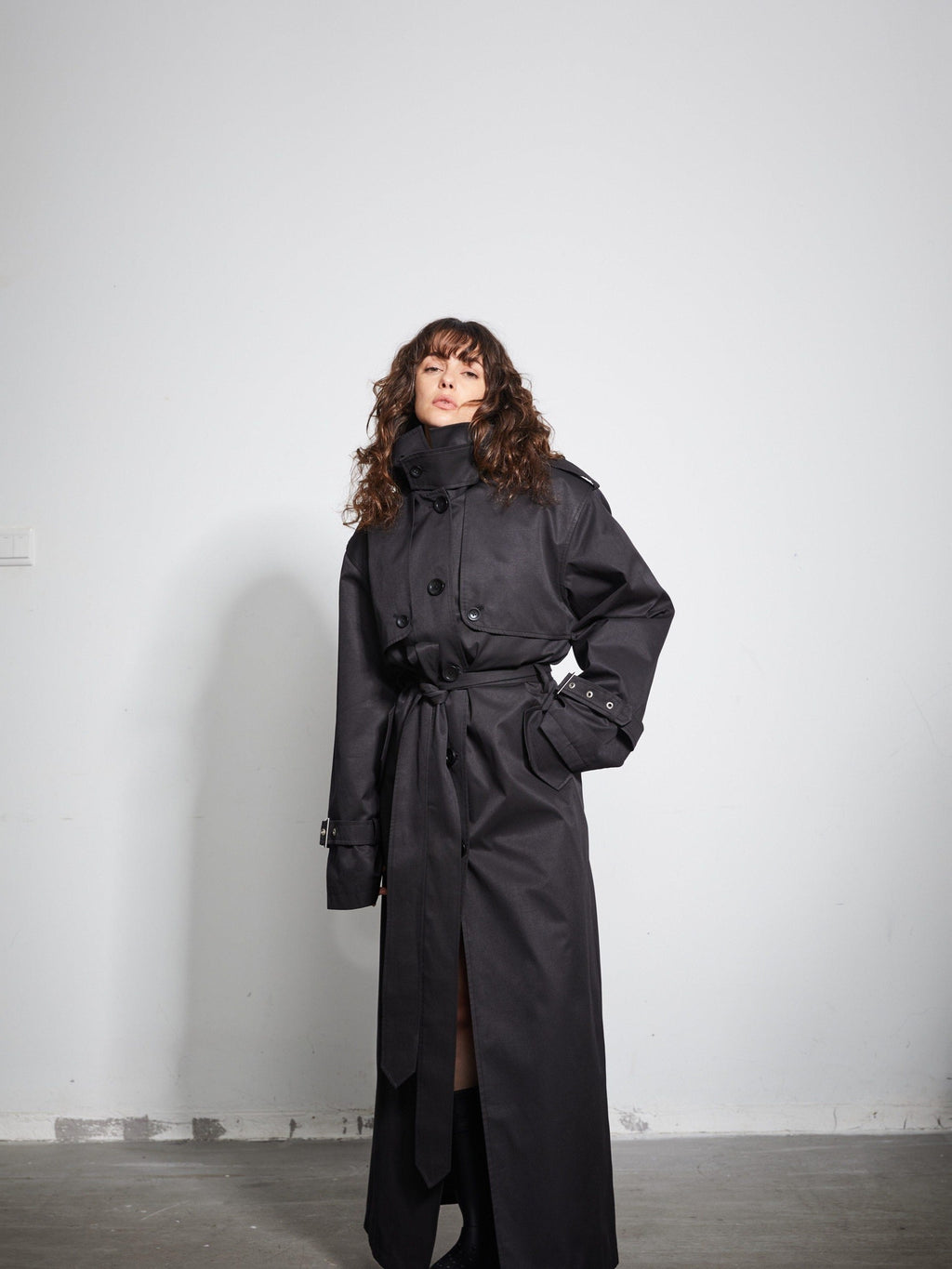 BUZHOU Pocketed Midlength Single Breasted Suit Collar Office Black Trench Coats