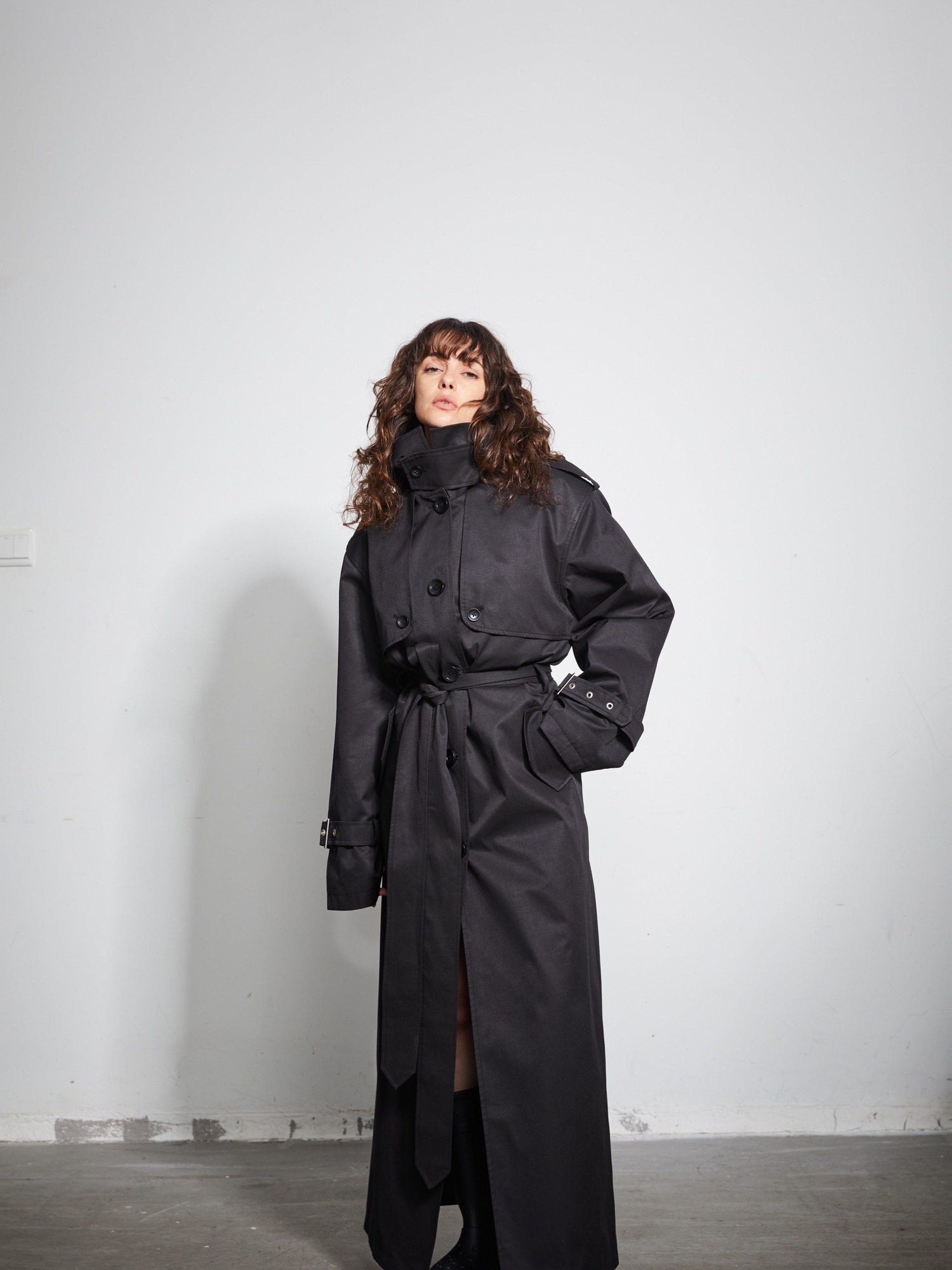 BUZHOU Pocketed Midlength Single Breasted Suit Collar Office Black Trench Coats